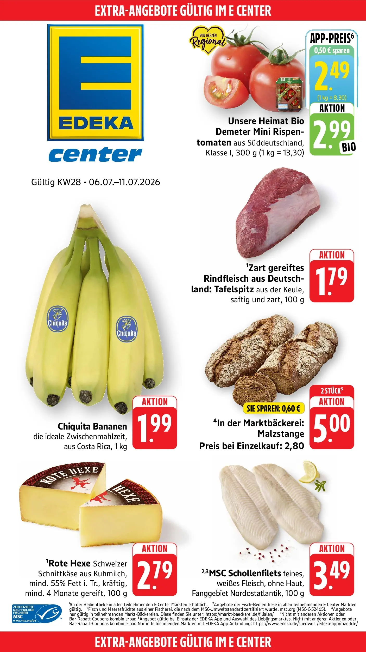 E center Prospekt Tübingen (ab 05.07.2026) zum Blättern | Seite: 42 | Produkte: Bananen, Tomaten, Meeresfrüchte, Rindfleisch
