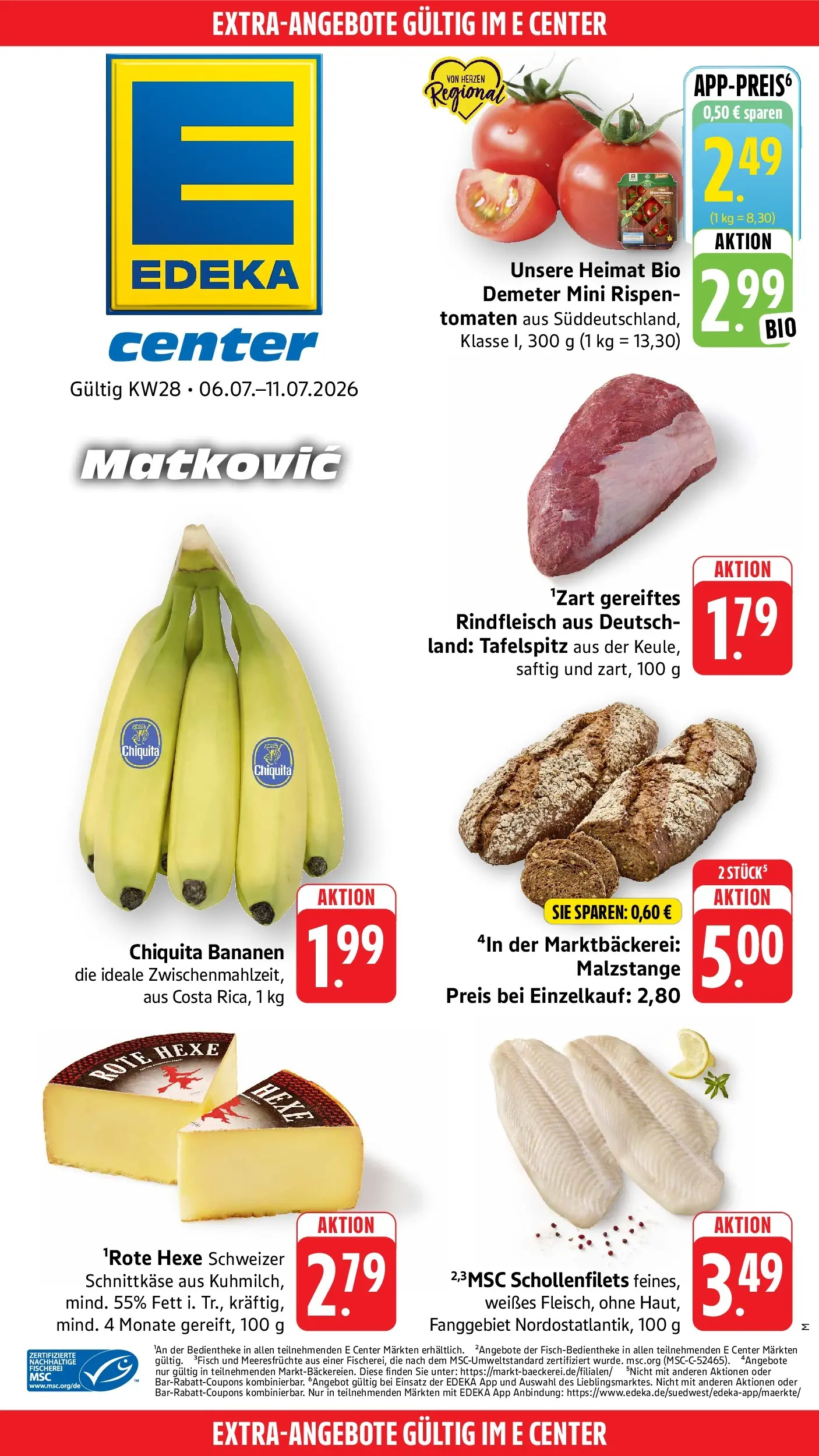 E center Prospekt Ditzingen (ab 05.07.2026) zum Blättern | Seite: 42 | Produkte: Bananen, Tomaten, Meeresfrüchte, Rindfleisch