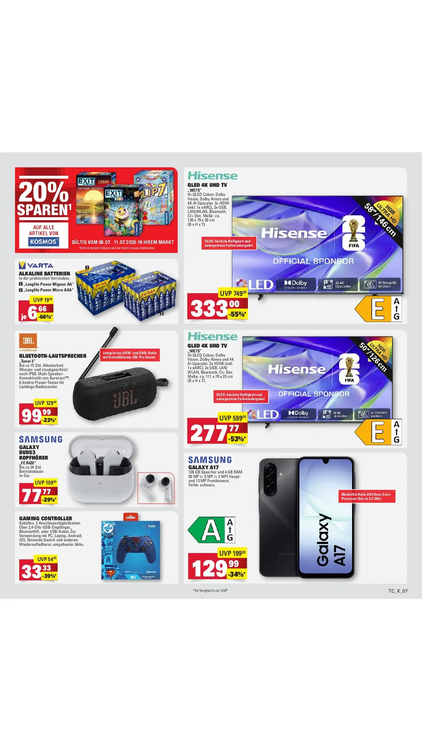 E center Prospekt Tübingen (ab 05.07.2026) zum Blättern | Seite: 59 | Produkte: Hisense, Batterien, TV, Kopfhörer