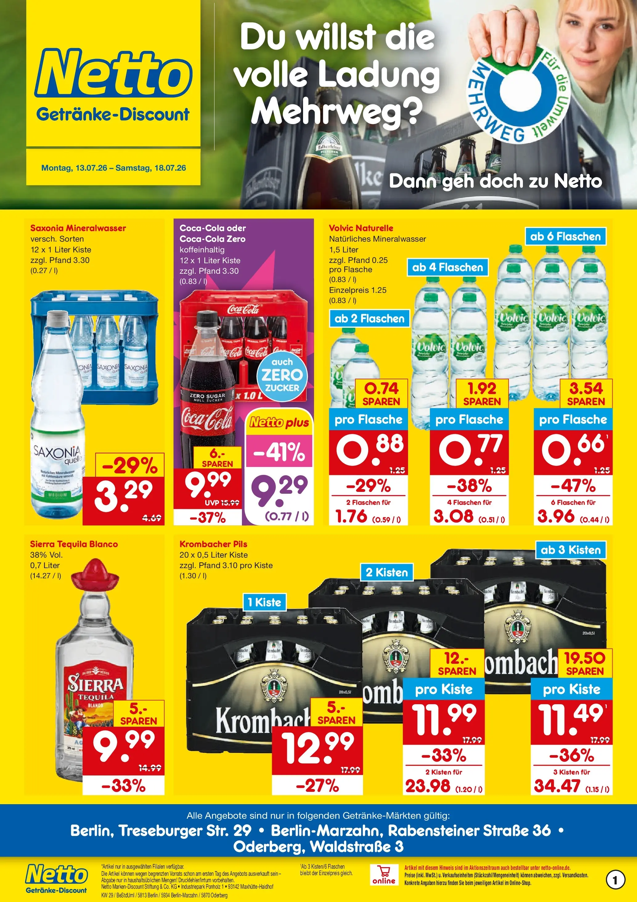 Netto Marken-Discount Prospekt Berlin (ab 13.07.2026) » Angebote | Seite: 1 | Produkte: Pils, Mineralwasser, Krombacher, Volvic
