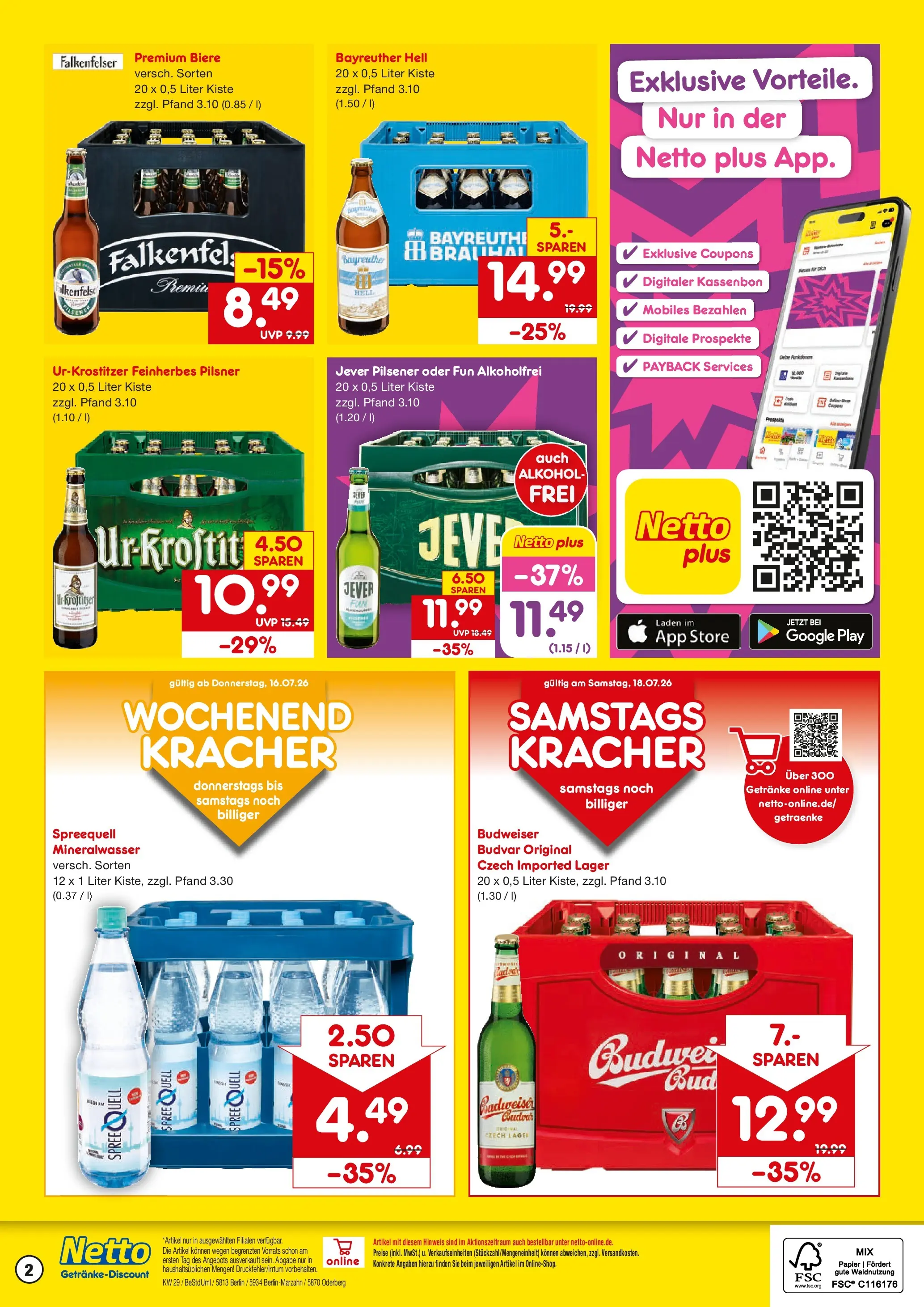 Netto Marken-Discount Prospekt Berlin (ab 13.07.2026) » Angebote | Seite: 2 | Produkte: Bayreuther hell, Mineralwasser, Jever, Budweiser