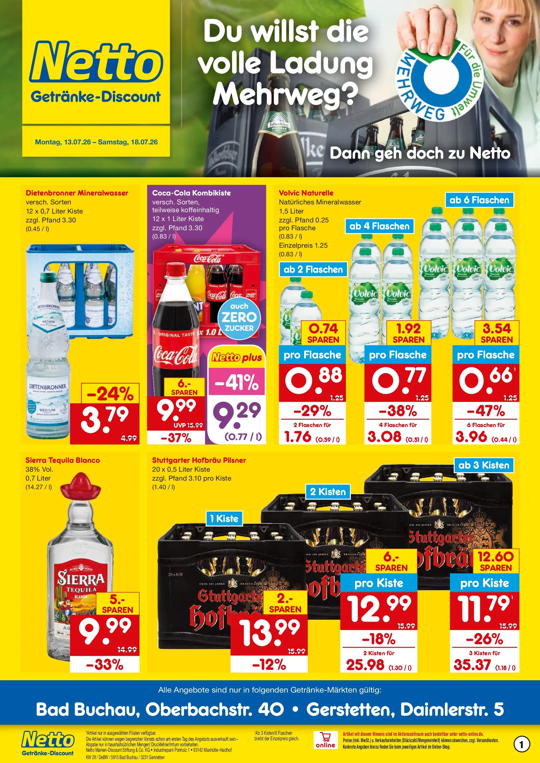 Netto Marken-Discount Prospekt Gerstetten (ab 13.07.2026) » Angebote | Seite: 1 | Produkte: Coca cola, Mineralwasser, Tequila, Volvic