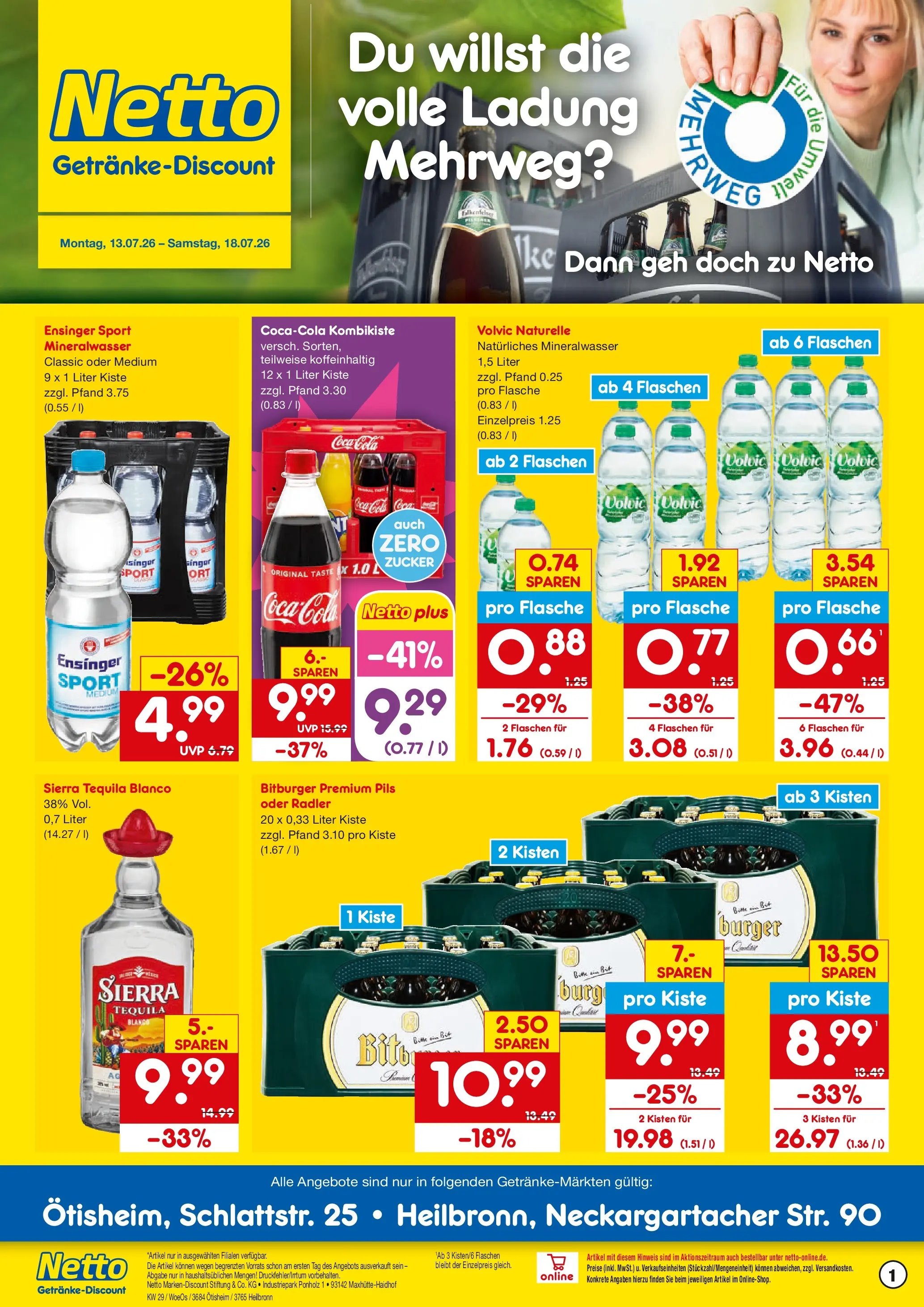 Netto Marken-Discount Prospekt Ötisheim (ab 13.07.2026) » Angebote | Seite: 1 | Produkte: Mineralwasser, Radler, Zucker, Volvic
