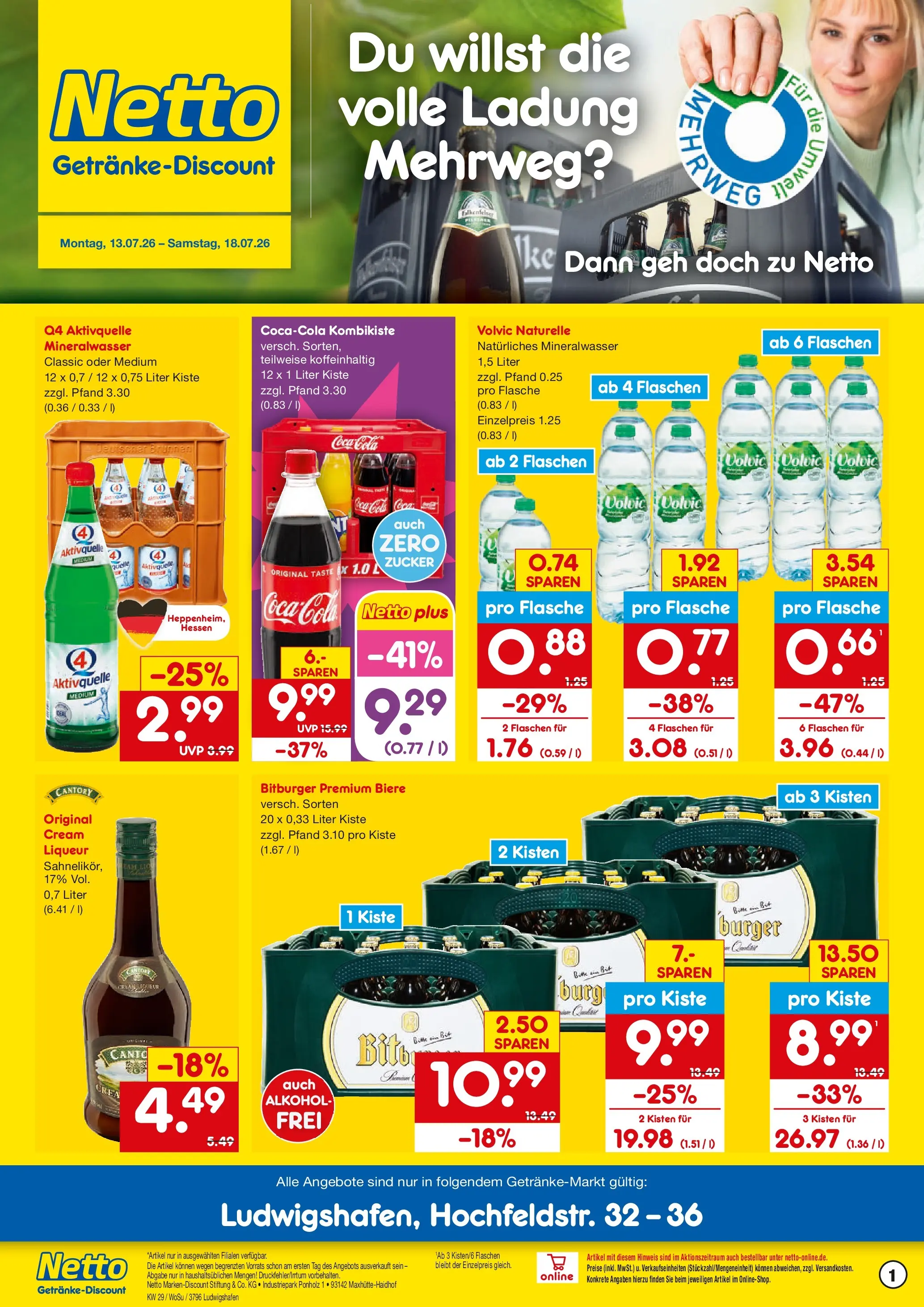 Netto Marken-Discount Prospekt Ludwigshafen (ab 13.07.2026) » Angebote | Seite: 1 | Produkte: Bitburger, Coca cola, Burger, Mineralwasser