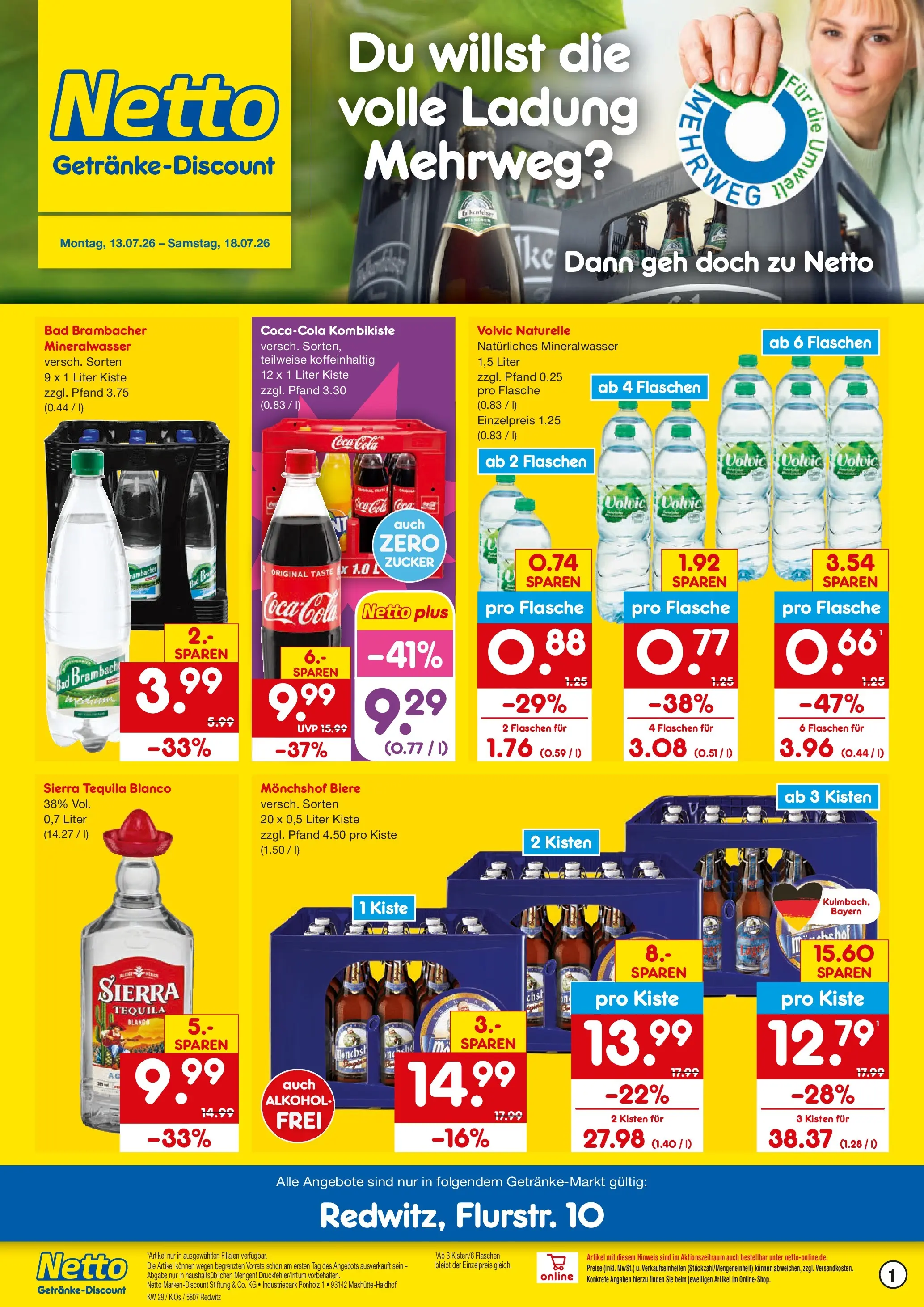 Netto Marken-Discount Prospekt Redwitz (ab 13.07.2026) » Angebote | Seite: 1 | Produkte: Coca cola, Cola, Tequila, Volvic