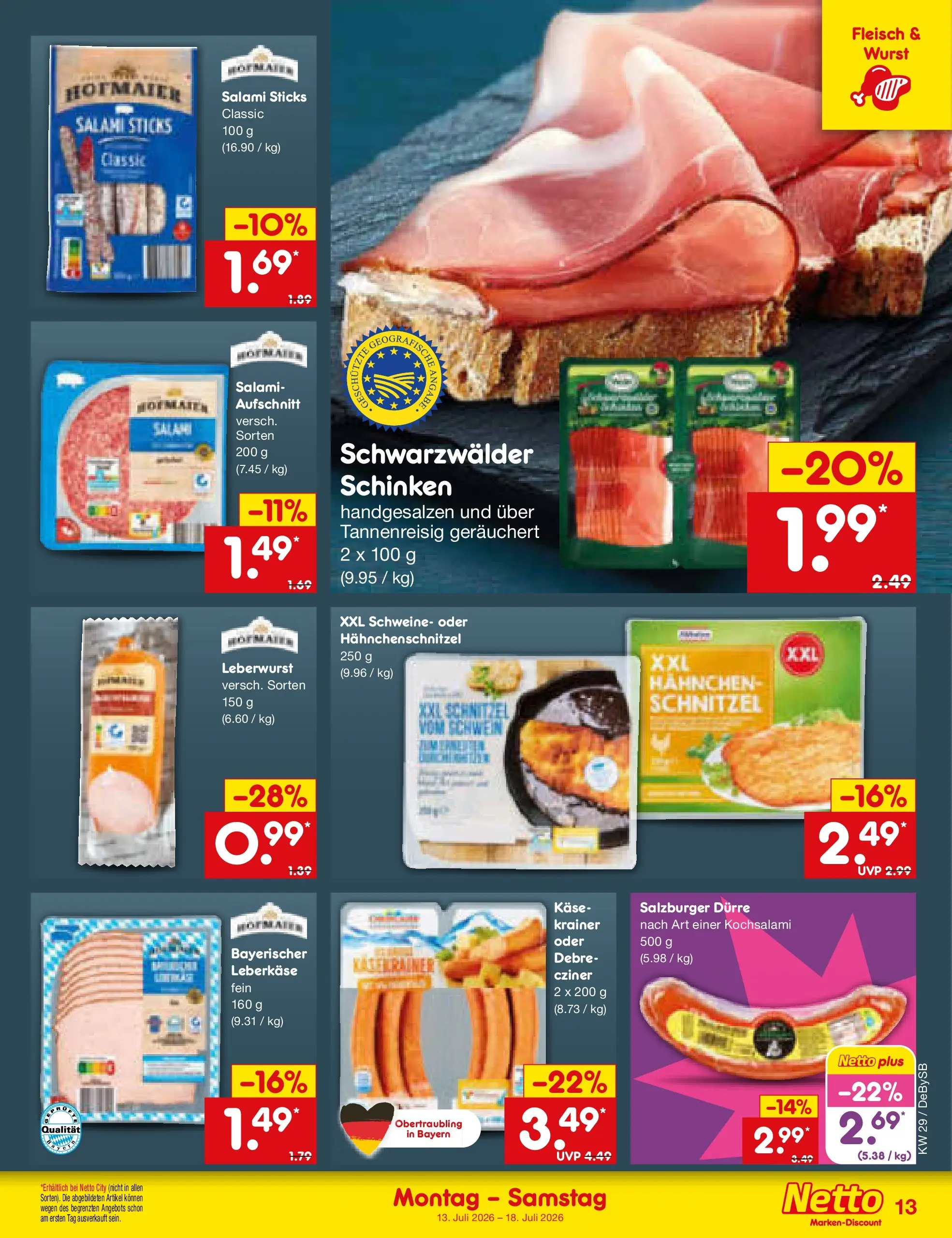 Netto Marken-Discount Prospekt Stuttgart (ab 13.07.2026) » Angebote | Seite: 15 | Produkte: Hahnchen, Schnitzel, Salami, Fleisch