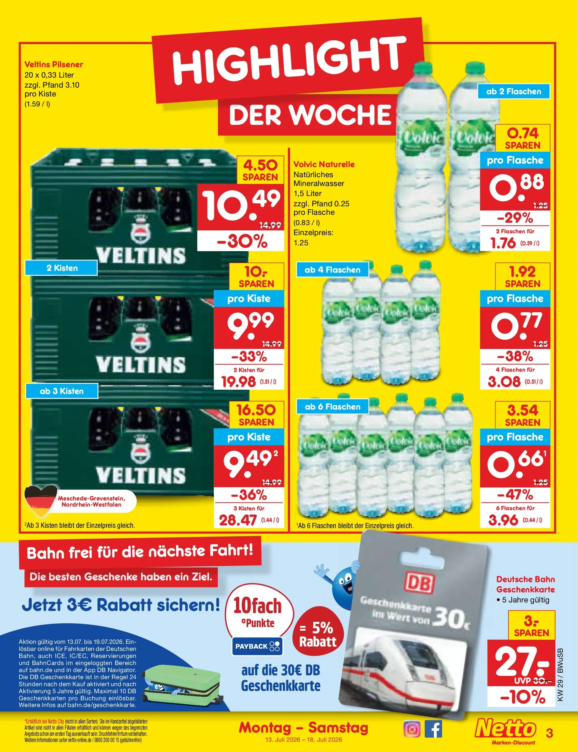 Netto Marken-Discount Prospekt Bielefeld (ab 13.07.2026) » Angebote | Seite: 3 | Produkte: Mineralwasser, Volvic, Veltins
