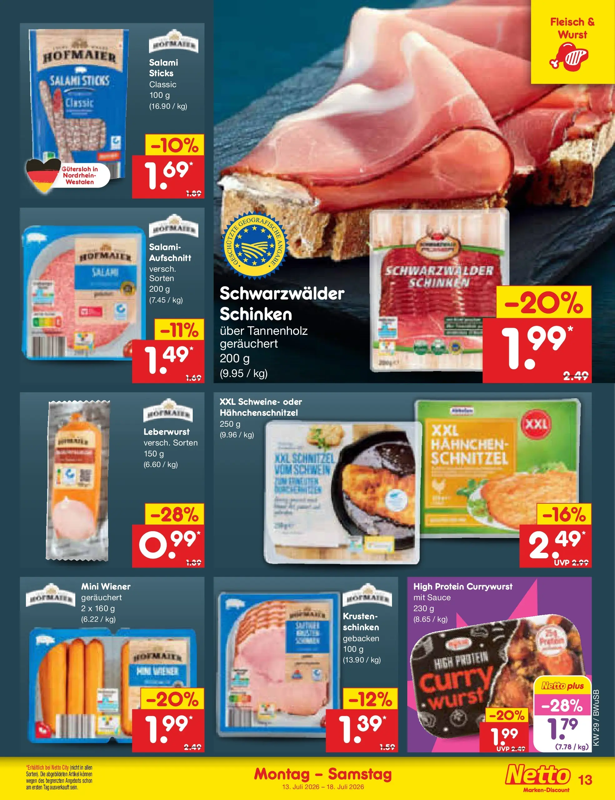 Netto Marken-Discount Prospekt Bielefeld (ab 13.07.2026) » Angebote | Seite: 15 | Produkte: Hahnchen, Salami, Schinken, Fleisch