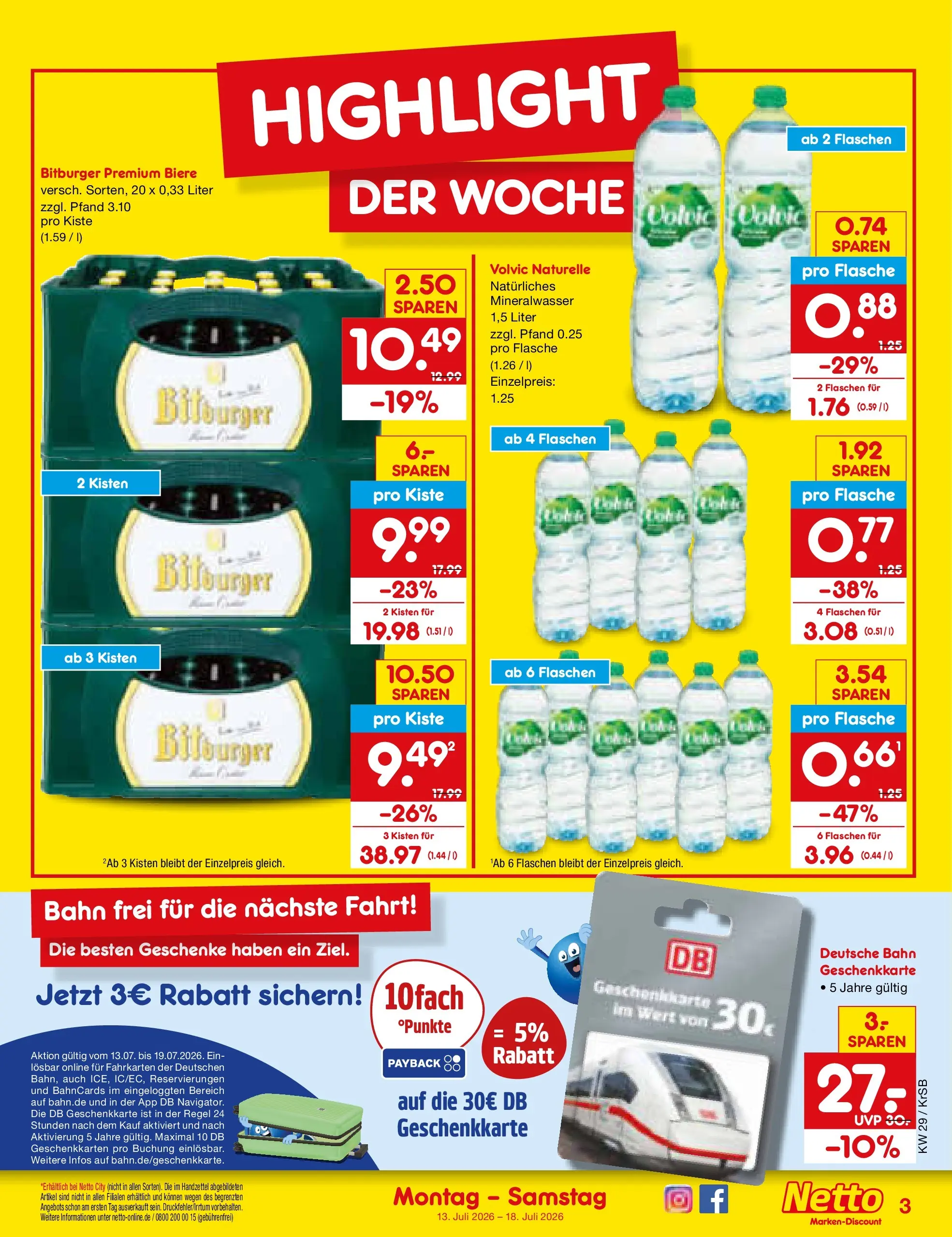 Netto Marken-Discount Prospekt Baesweiler (ab 13.07.2026) » Angebote | Seite: 3 | Produkte: Bitburger, Burger, Mineralwasser, Volvic
