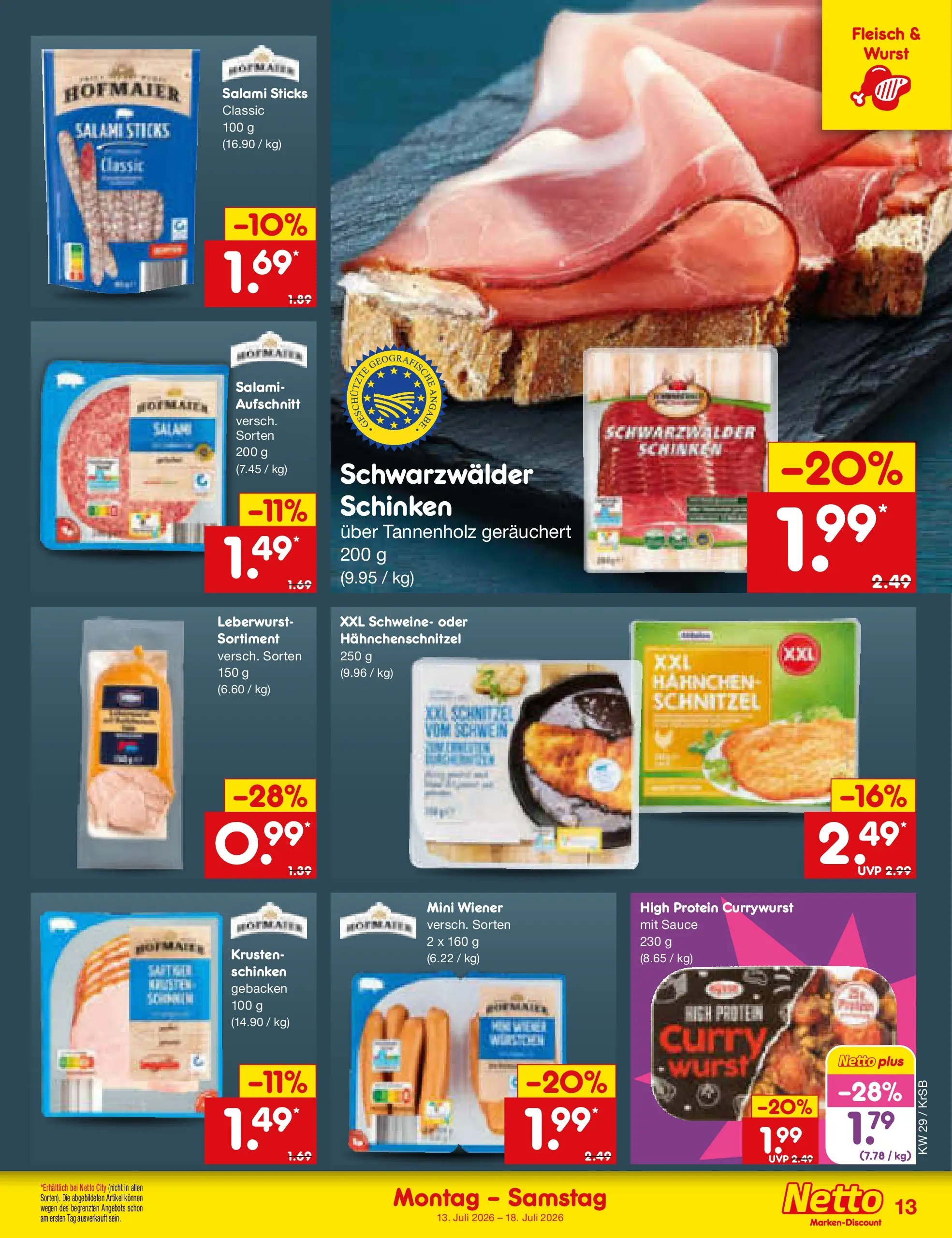Netto Marken-Discount Prospekt Baesweiler (ab 13.07.2026) » Angebote | Seite: 15 | Produkte: Schnitzel, Wurst, Salami, Schinken