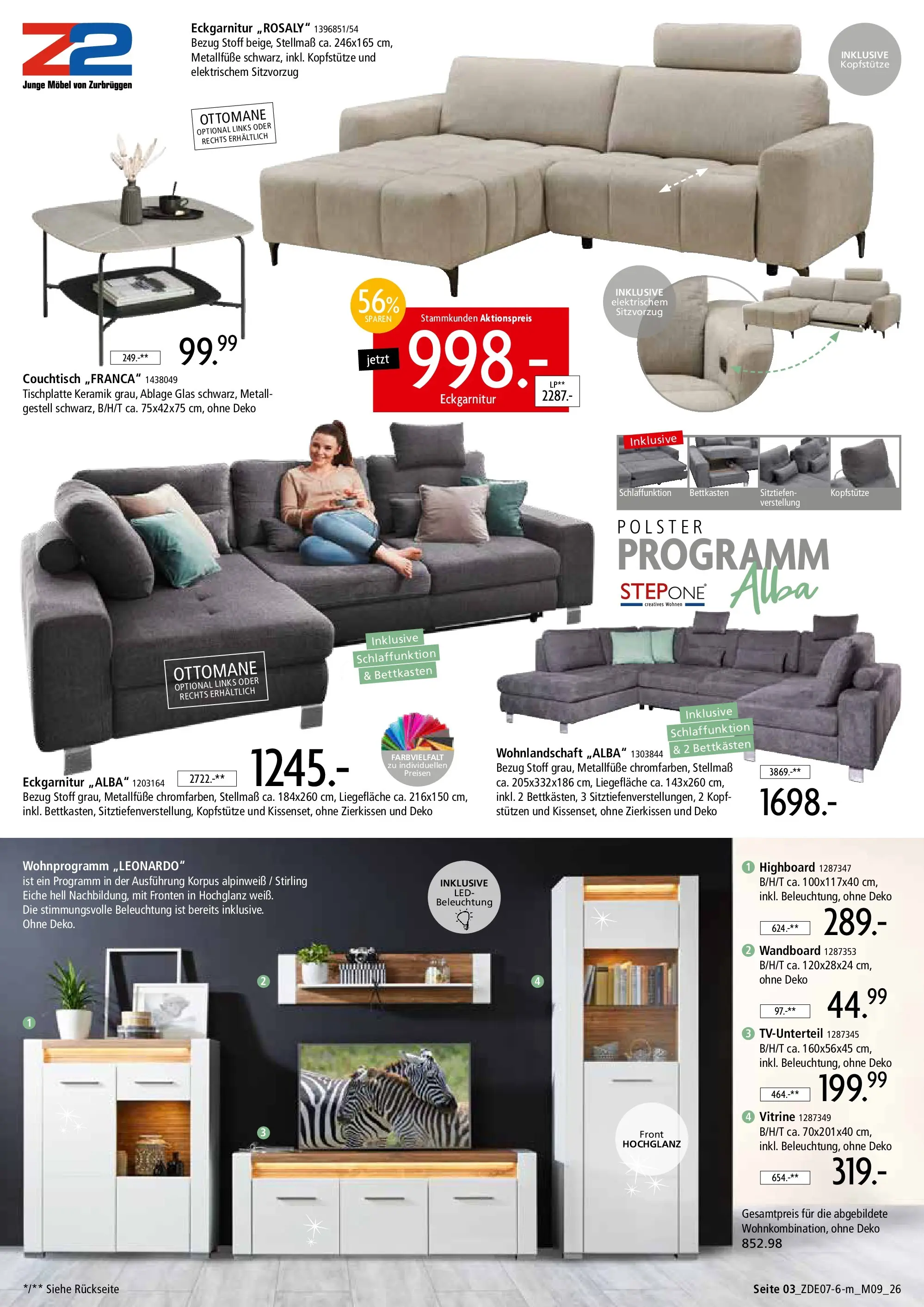 Zurbrüggen - Zurbrüggen: Mitnahme Möbel (ab 10.07.2026) zum Blättern | Seite: 3 | Produkte: Wohnlandschaft, Wandboard, Vitrine, Couchtisch