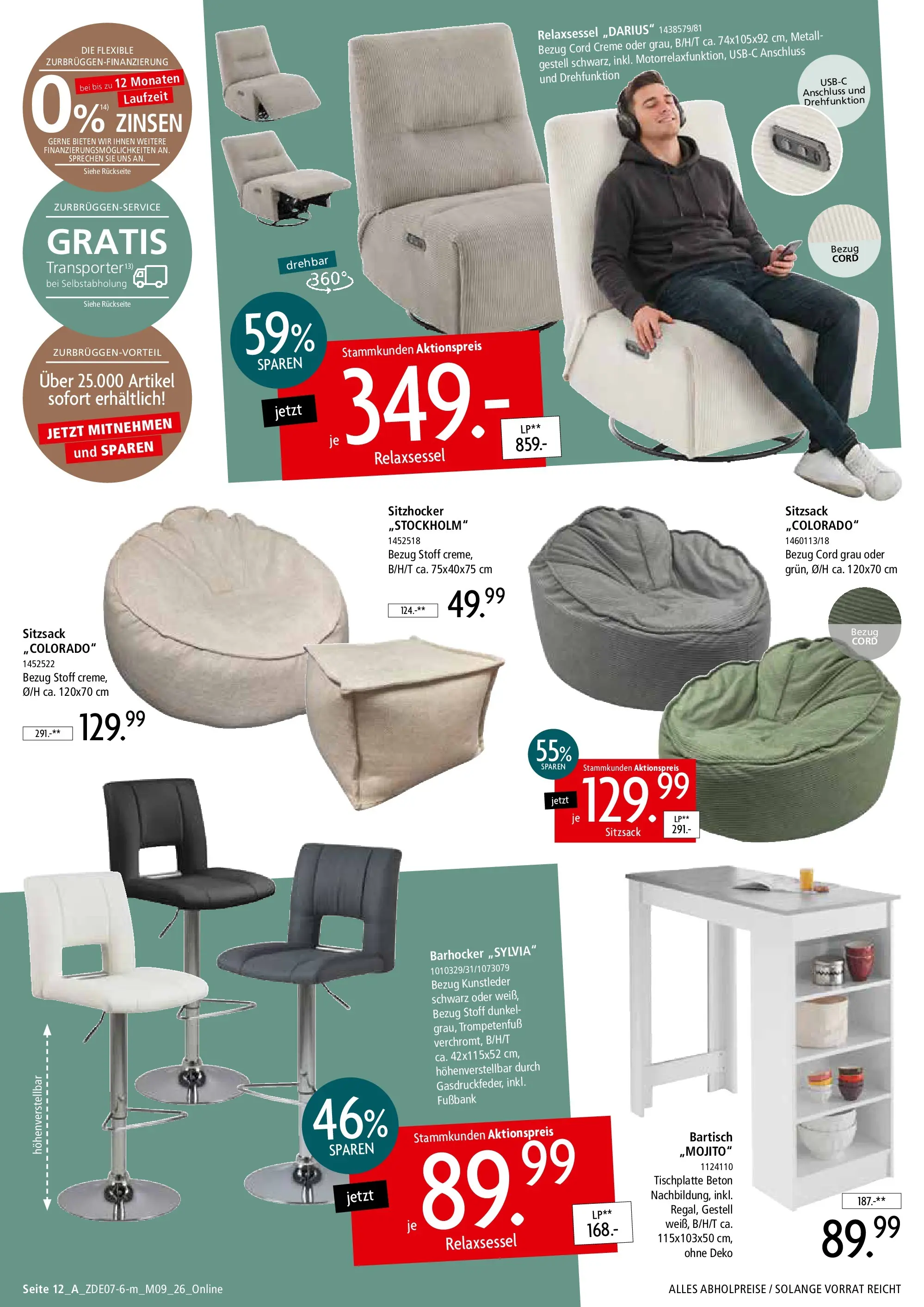 Zurbrüggen - Zurbrüggen: Mitnahme Möbel (ab 10.07.2026) zum Blättern | Seite: 22 | Produkte: Sitzsack, Bartisch, Barhocker, Creme