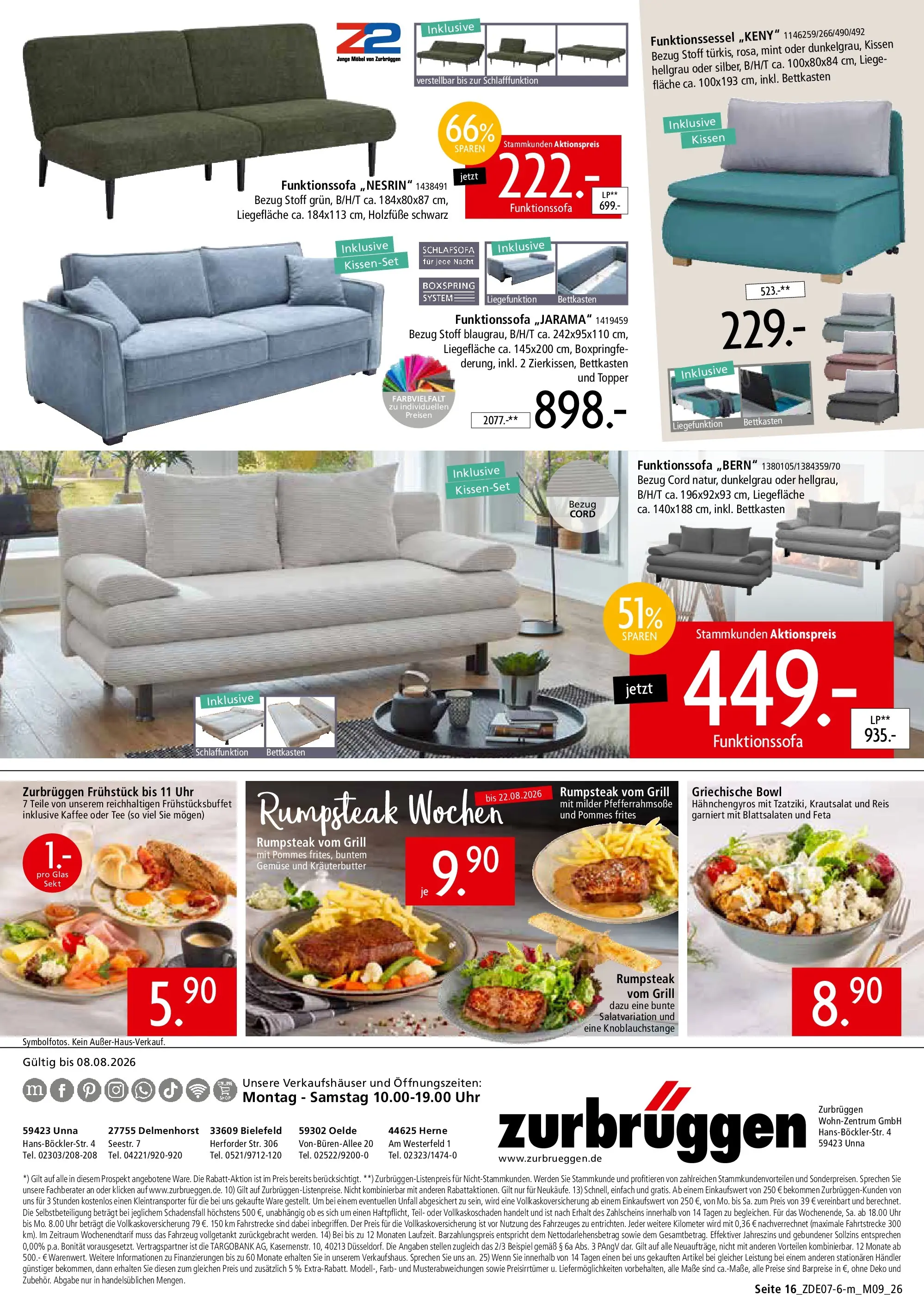 Zurbrüggen - Zurbrüggen: Mitnahme Möbel (ab 10.07.2026) zum Blättern | Seite: 50 | Produkte: Schlafsofa, Grill, Gemüse, Uhr