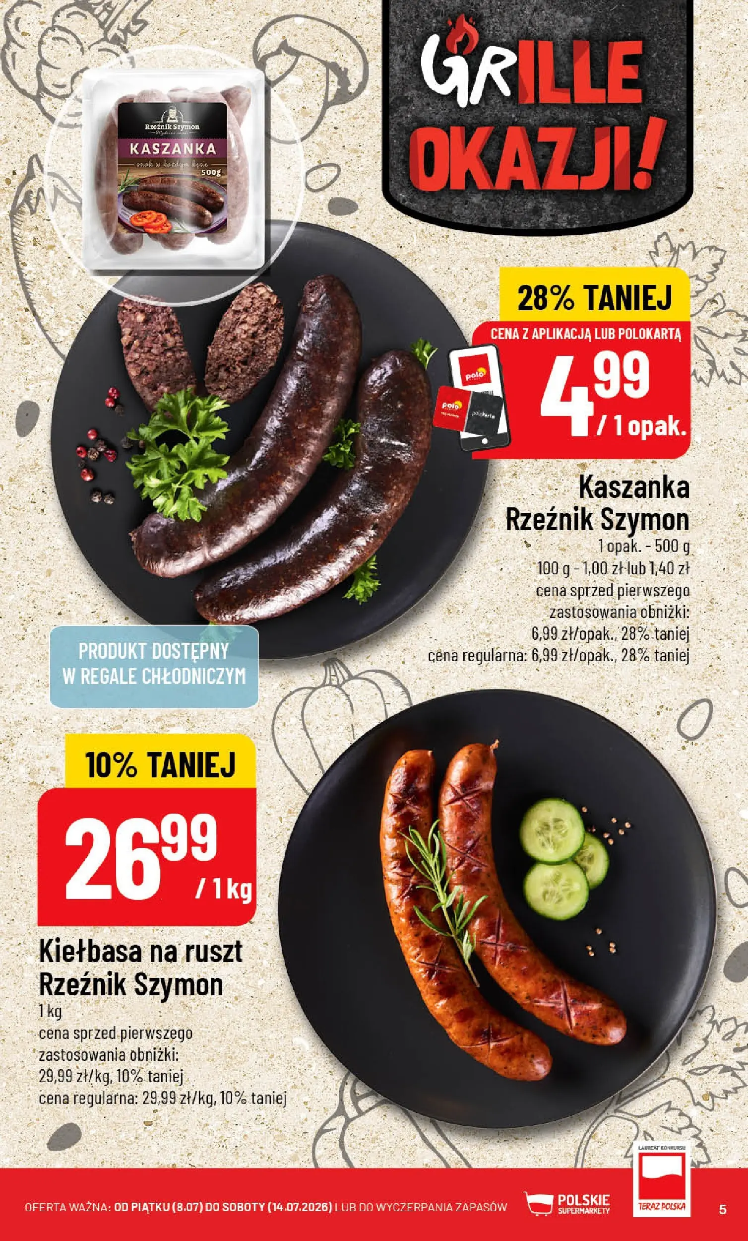Nowa POLOmarket gazetka od jutra (08.07.2026) | Strona: 5 | Produkty: Kiełbasa, Kaszanka, Ruszt Nowa POLOmarket gazetka od jutra 08.07.2026 | Strona: 5 | Produkty: Kiełbasa, Kaszanka, Ruszt