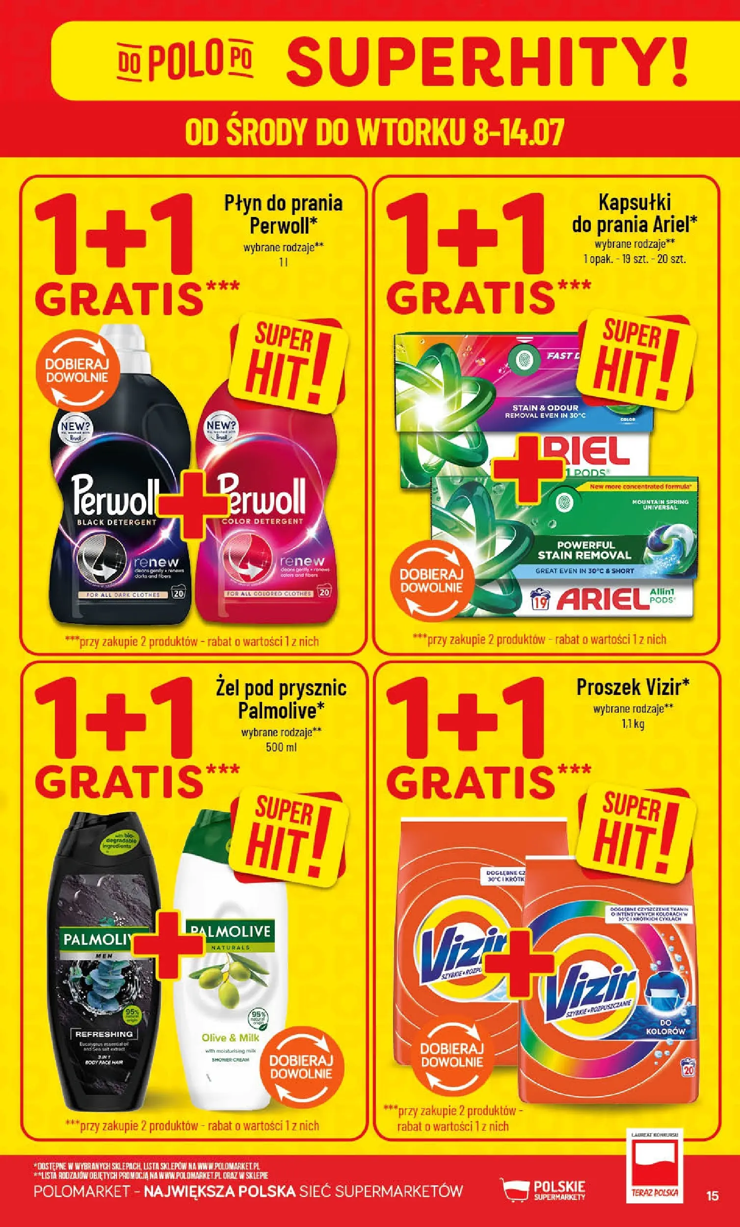 Nowa POLOmarket gazetka od jutra (08.07.2026) | Strona: 15 | Produkty: Prysznic, Kapsułki do prania, Żel pod prysznic, Detergent Nowa POLOmarket gazetka od jutra 08.07.2026 | Strona: 15 | Produkty: Prysznic, Kapsułki do prania, Żel pod prysznic, Detergent