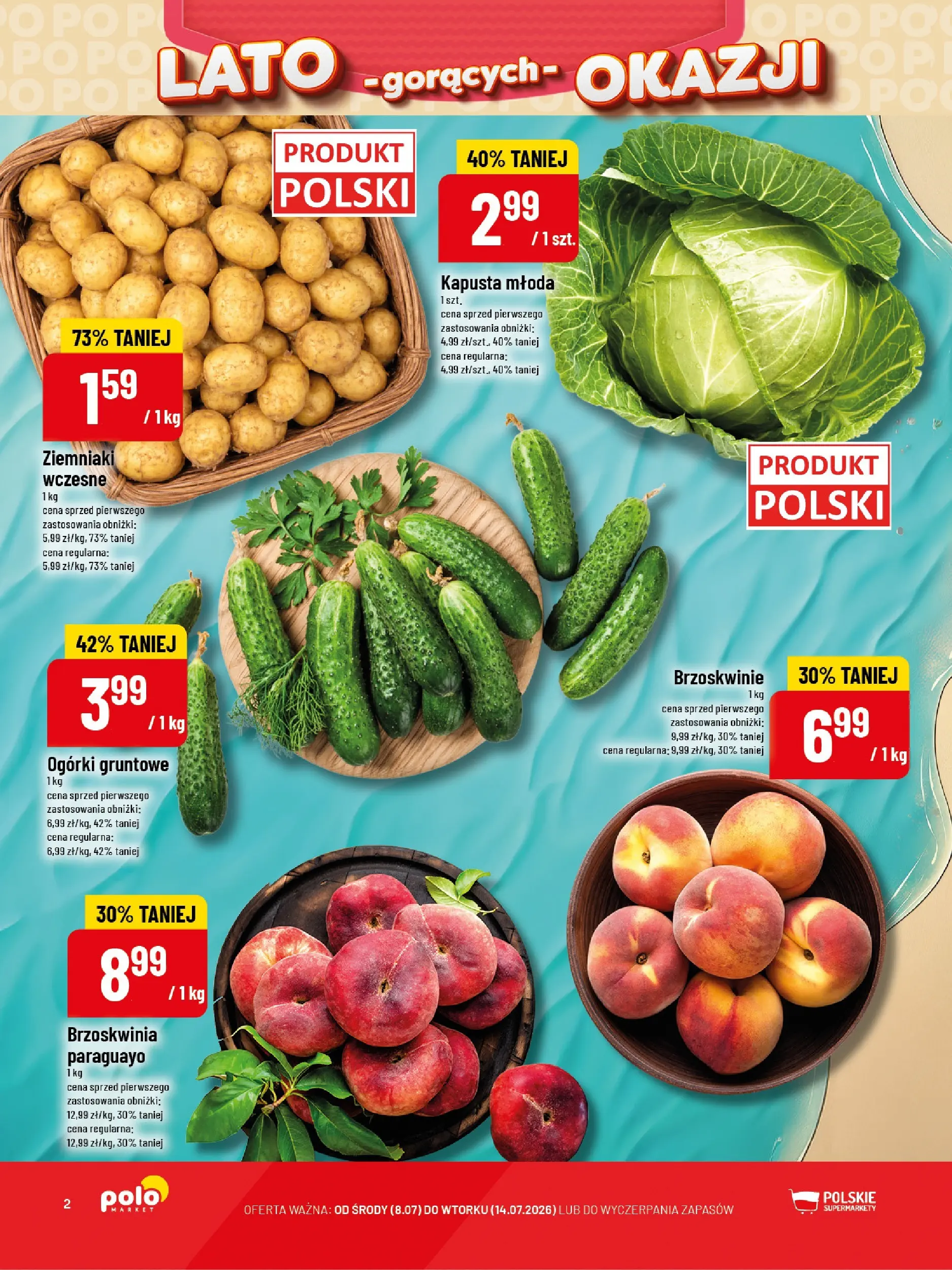 Nowa POLOmarket gazetka od jutra 08.07.2026 | Strona: 2 | Produkty: Kapusta, Brzoskwinie, Ogórki, Ogórki gruntowe