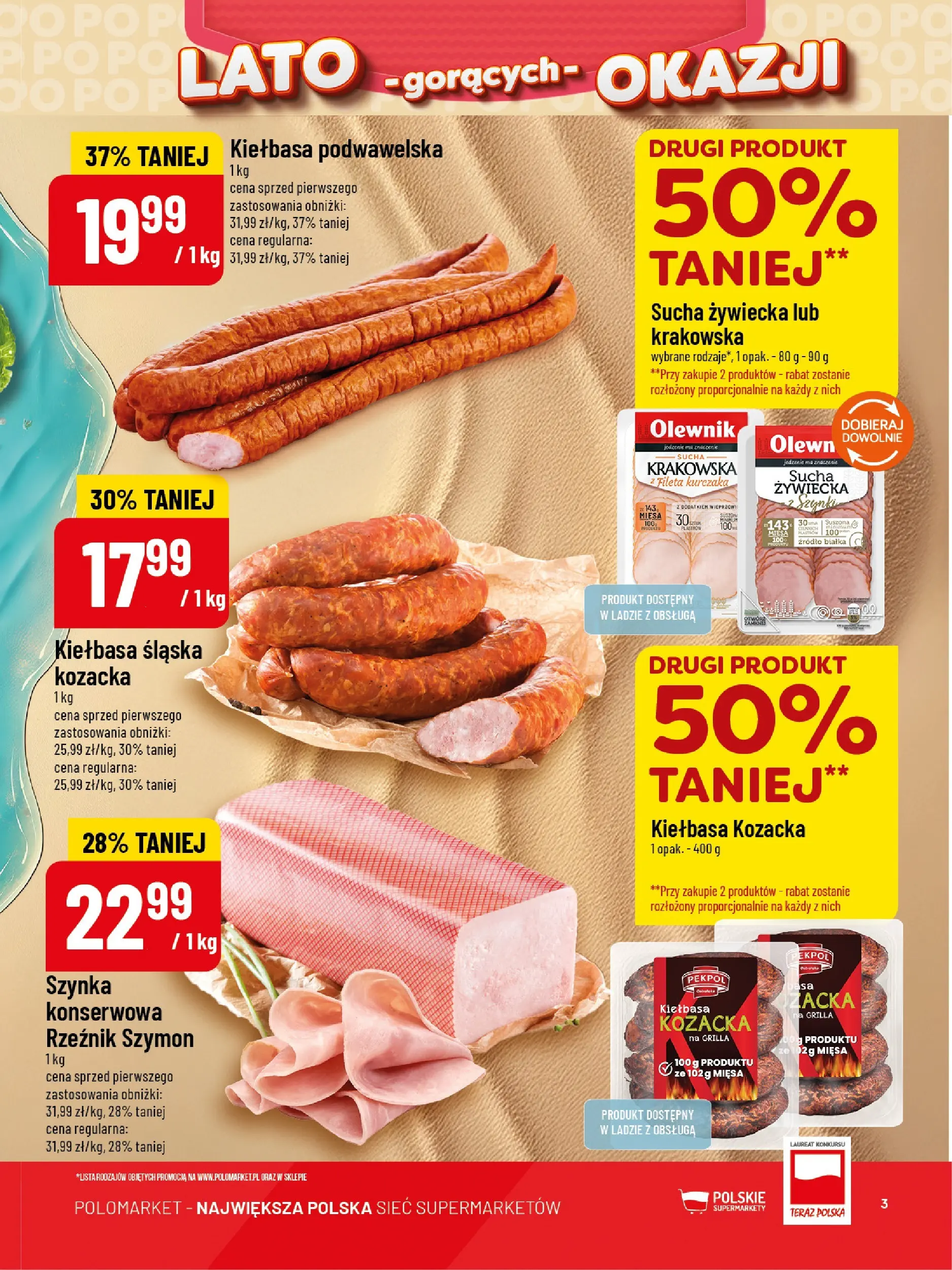 Nowa POLOmarket gazetka od jutra 08.07.2026 | Strona: 3 | Produkty: Kiełbasa, Szynka, Kiełbasa śląska, Kiełbasa podwawelska