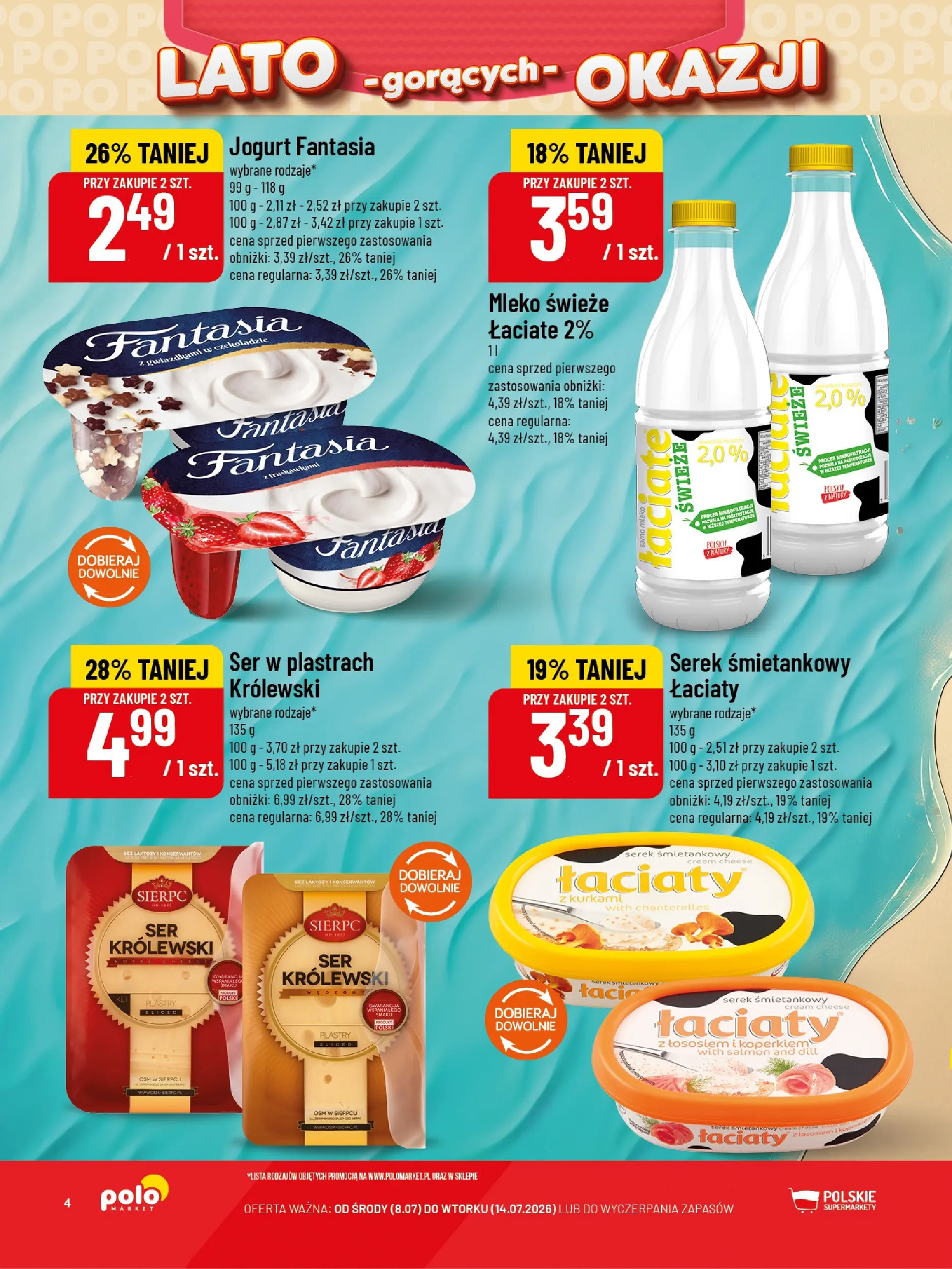 Nowa POLOmarket gazetka od jutra 08.07.2026 | Strona: 4 | Produkty: Bez laktozy, Serek, Mleko, Ser