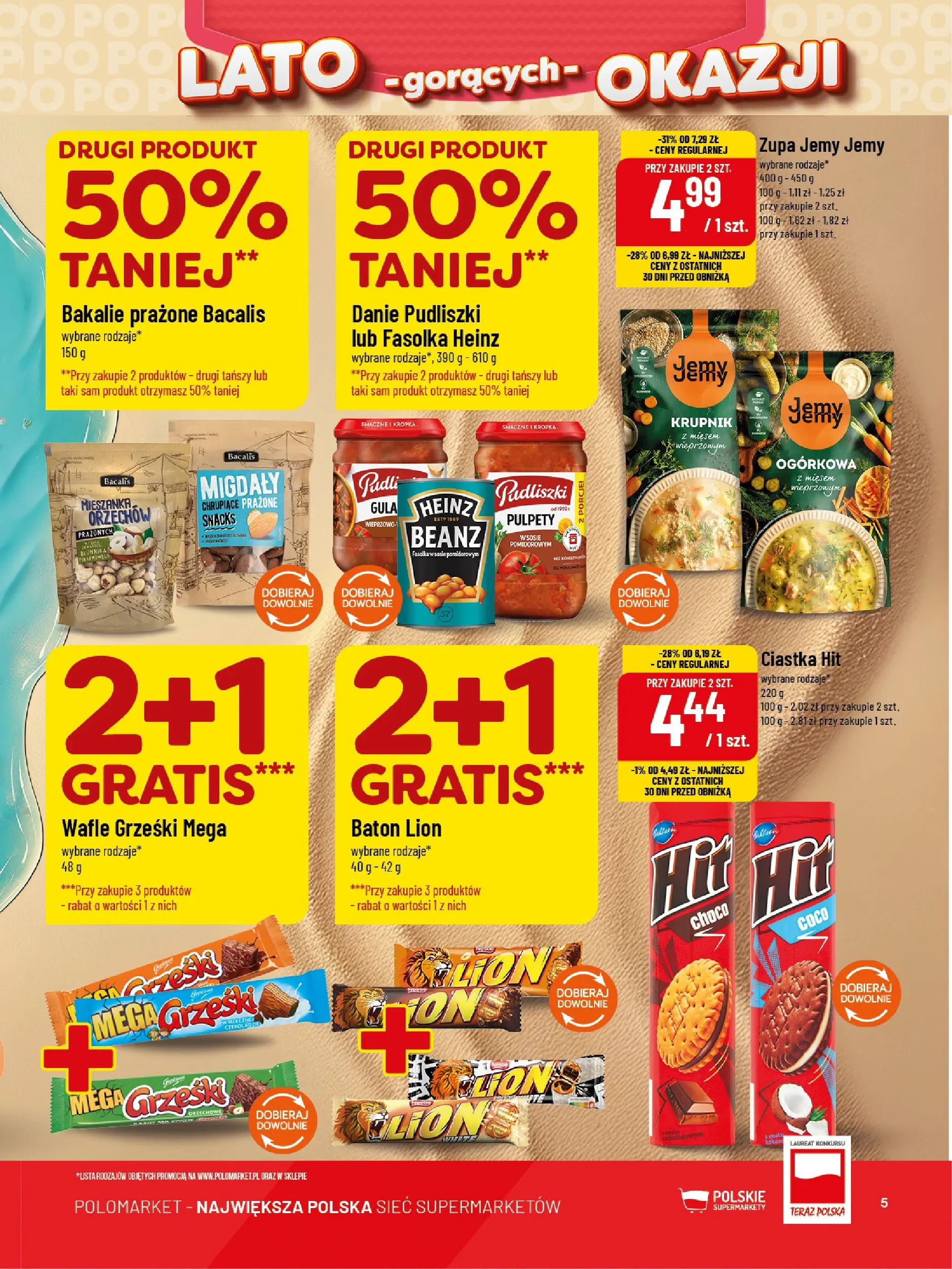 Nowa POLOmarket gazetka od jutra 08.07.2026 | Strona: 5 | Produkty: Wafle, Fasolka heinz, Baton, Zupa