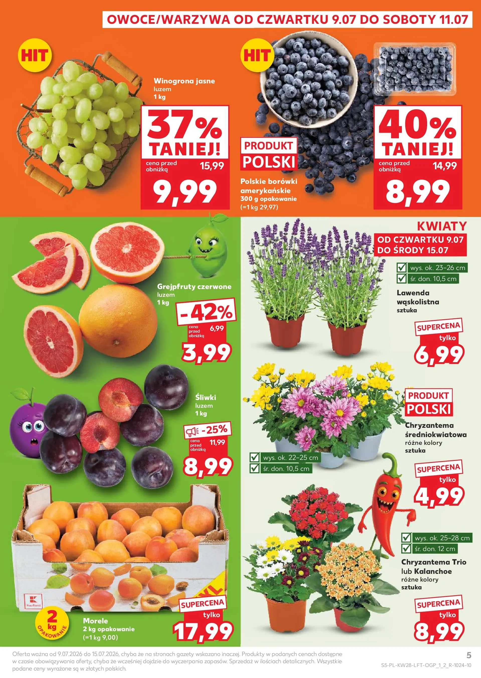 Kaufland gazetka (09.07.2026) - od jutra | Strona: 5 | Produkty: Winogrona, Morele, Śliwki, Kalanchoe Kaufland gazetka od 09.07.2026 - od jutra PDF | Strona: 5 | Produkty: Winogrona, Morele, Śliwki, Kalanchoe
