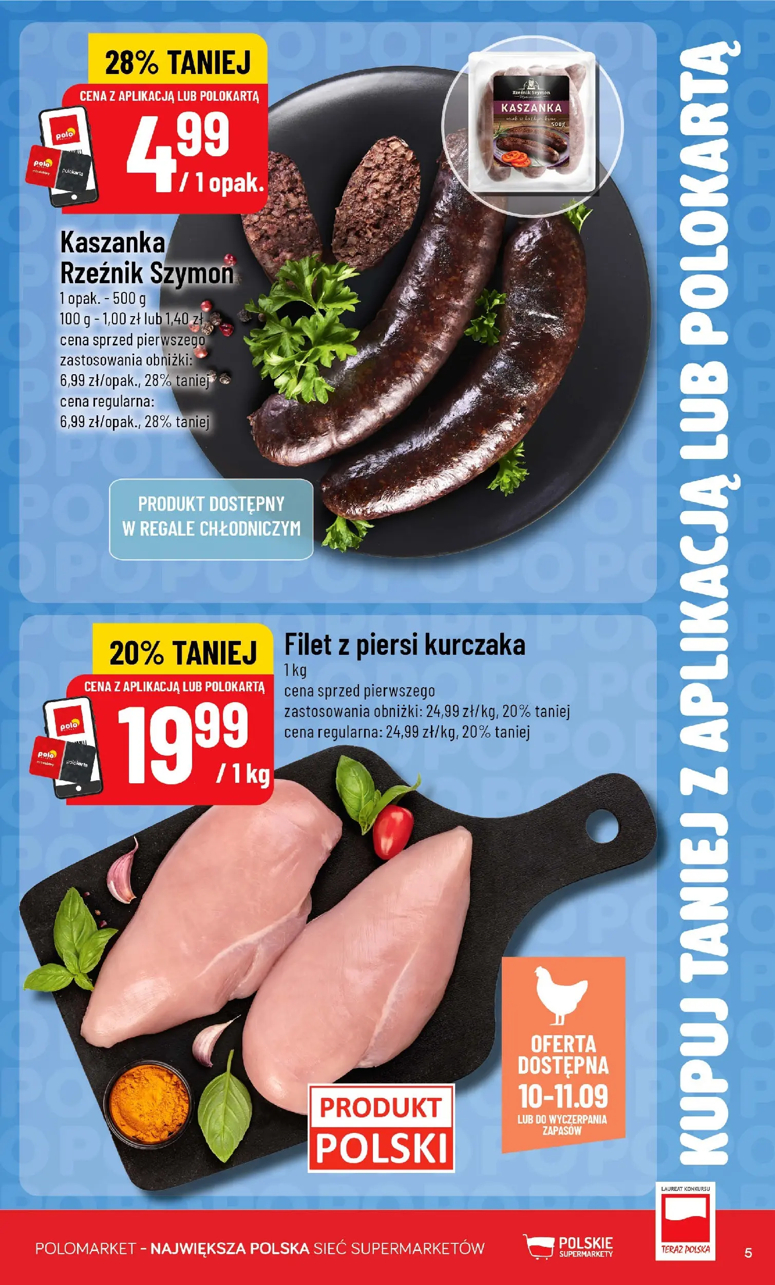 Nowa POLOmarket gazetka od jutra 08.07.2026 | Strona: 5 | Produkty: Piersi, Kaszanka, Filet z piersi kurczaka