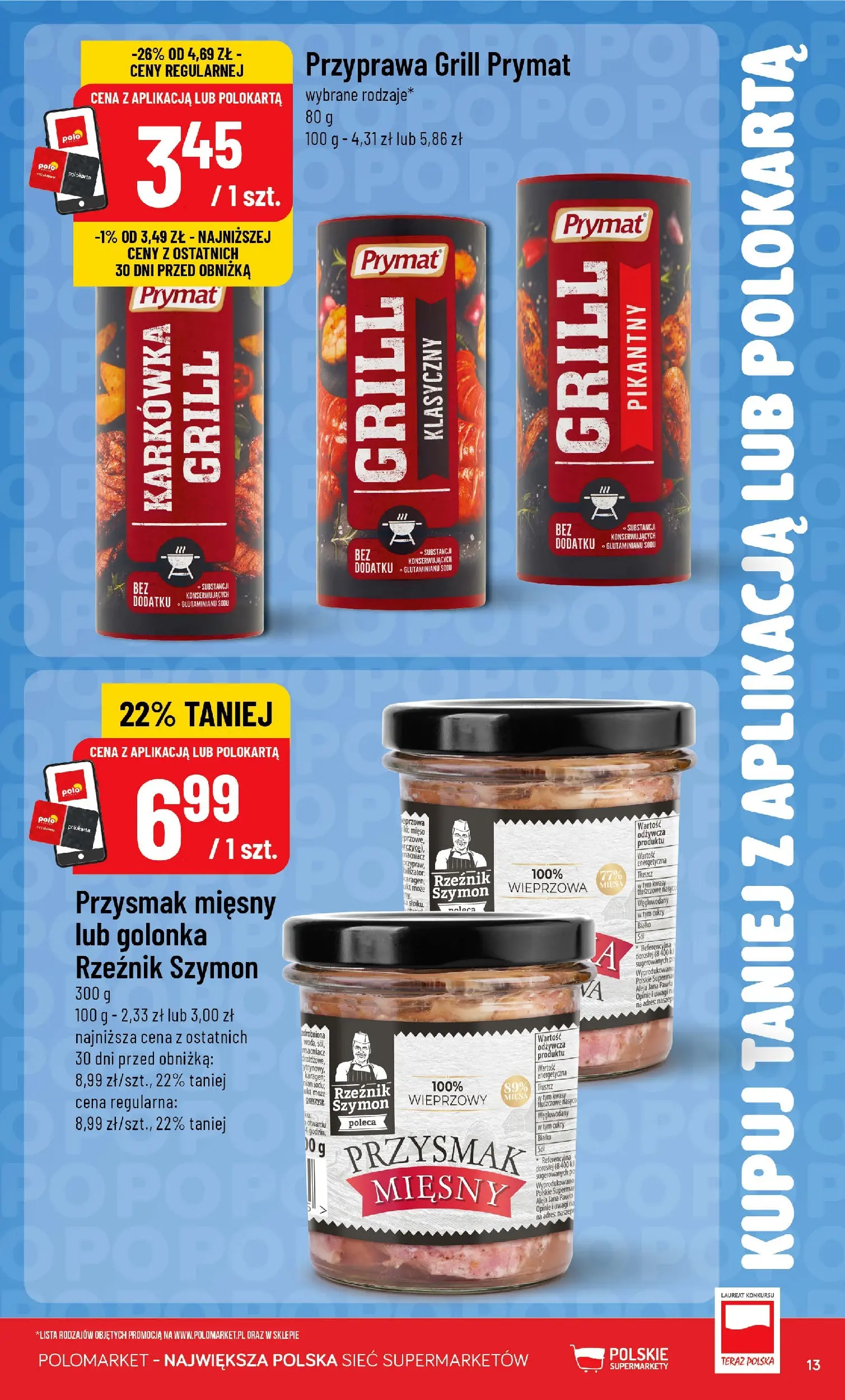 Nowa POLOmarket gazetka od jutra 08.07.2026 | Strona: 13 | Produkty: Karkówka, Mięso, Grill