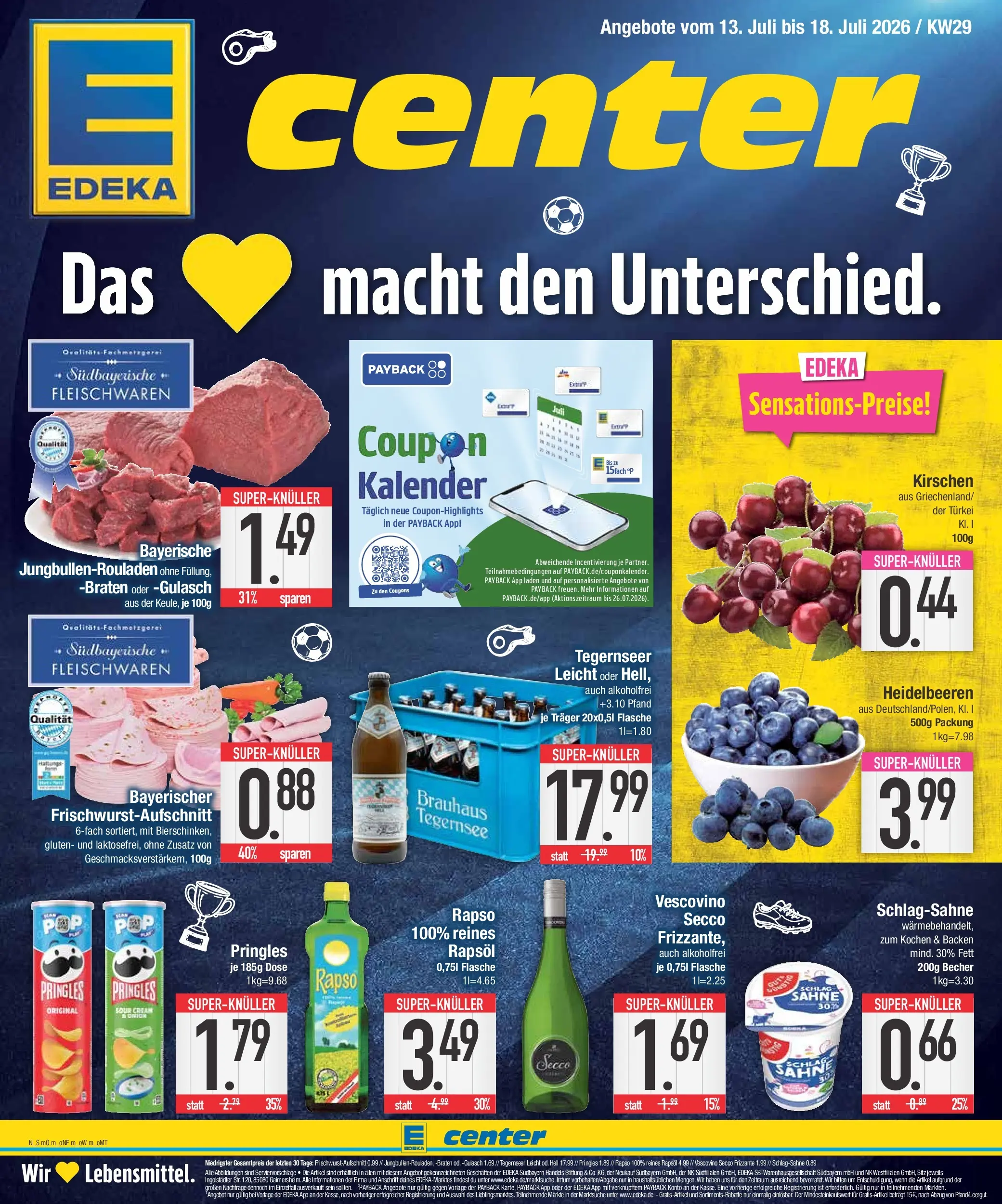 Edeka prospekt Abensberg (ab 12.07.2026) » Angebote Online | Seite: 1 | Produkte: Schlagsahne, Heidelbeeren, Pringles, Sahne