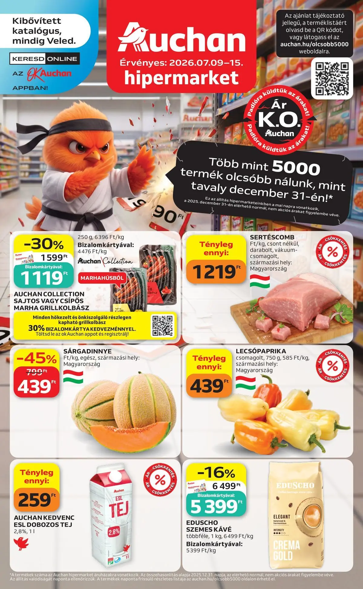 Auchan akciós újság Miskolc - 2026.07.09. -tól/töl > akció, lapozható szórólap 🛍️ | Oldal: 1 | Termékek: Lecsópaprika, Grillkolbász, Sertéscomb, Szemes kávé