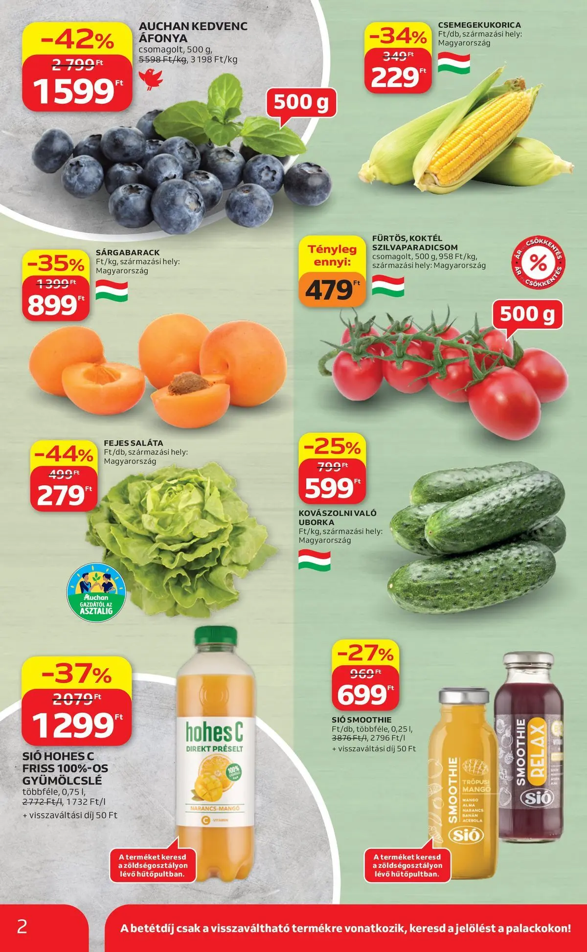 Auchan akciós újság Miskolc - 2026.07.09. -tól/töl > akció, lapozható szórólap 🛍️ | Oldal: 2 | Termékek: Smoothie, Uborka, Saláta, Mangó