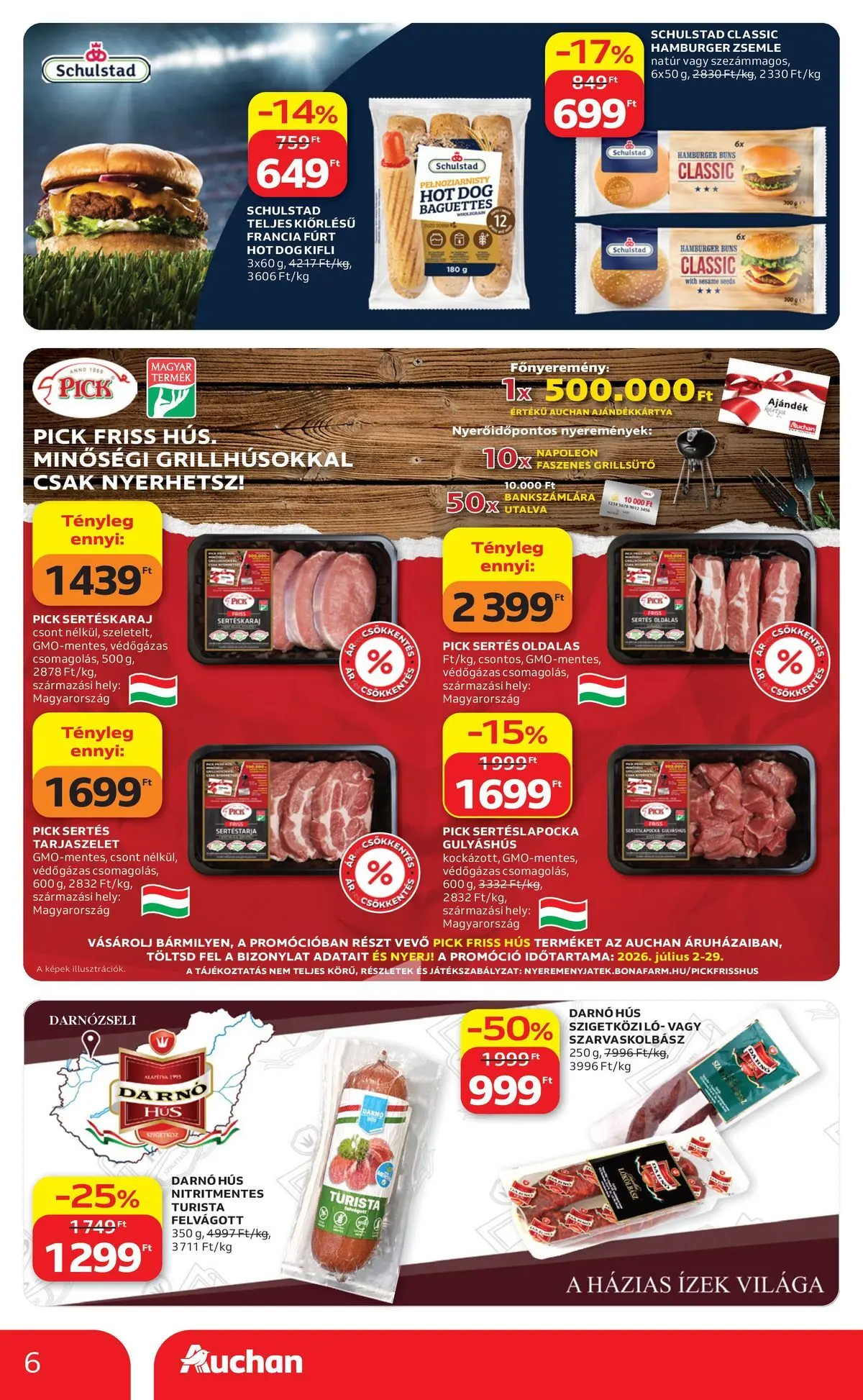 Auchan akciós újság Miskolc - 2026.07.09. -tól/töl > akció, lapozható szórólap 🛍️ | Oldal: 6 | Termékek: Hamburger zsemle, Hús, Sertéslapocka, Zsemle