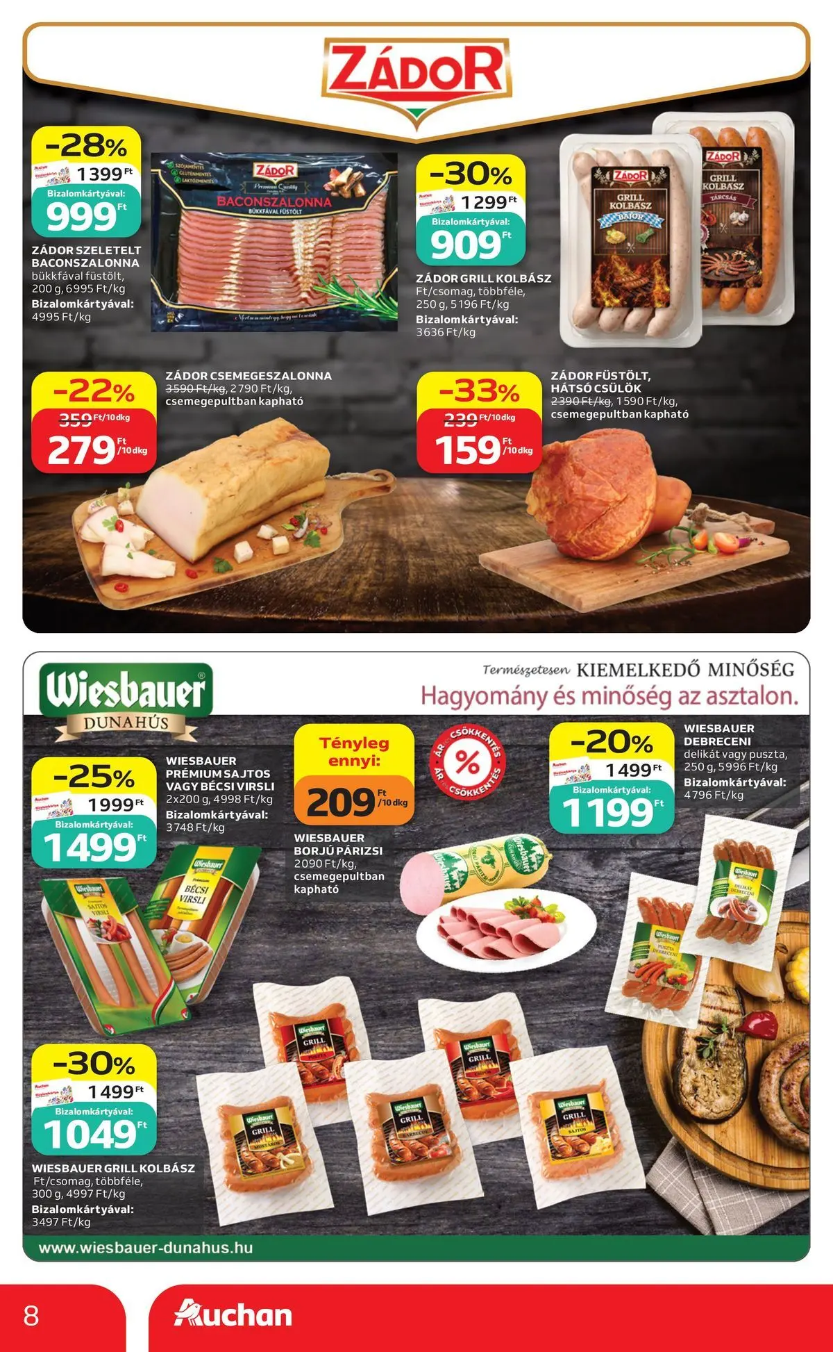 Auchan akciós újság Miskolc - 2026.07.09. -tól/töl > akció, lapozható szórólap 🛍️ | Oldal: 8 | Termékek: Virsli, Debreceni, Grill, Párizsi