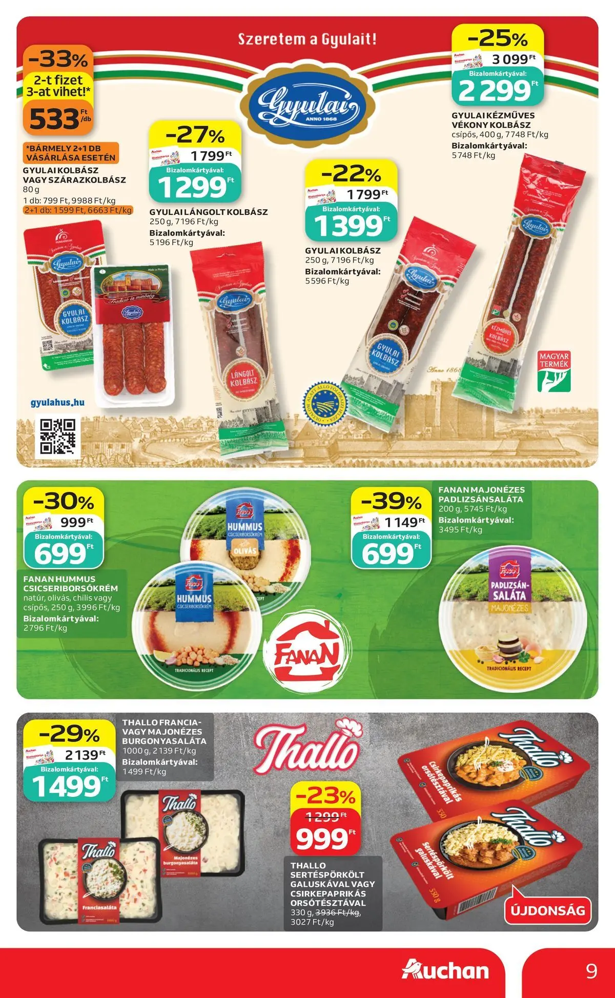 Auchan akciós újság Miskolc - 2026.07.09. -tól/töl > akció, lapozható szórólap 🛍️ | Oldal: 9 | Termékek: Padlizsán, Gyulai kolbász, Lángolt kolbász, Saláta