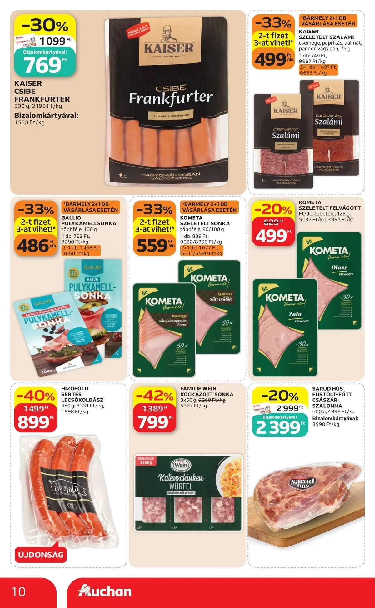 Auchan akciós újság Miskolc - 2026.07.09. -tól/töl > akció, lapozható szórólap 🛍️ | Oldal: 10 | Termékek: Hús, Sonka, Szalonna, Felvágott