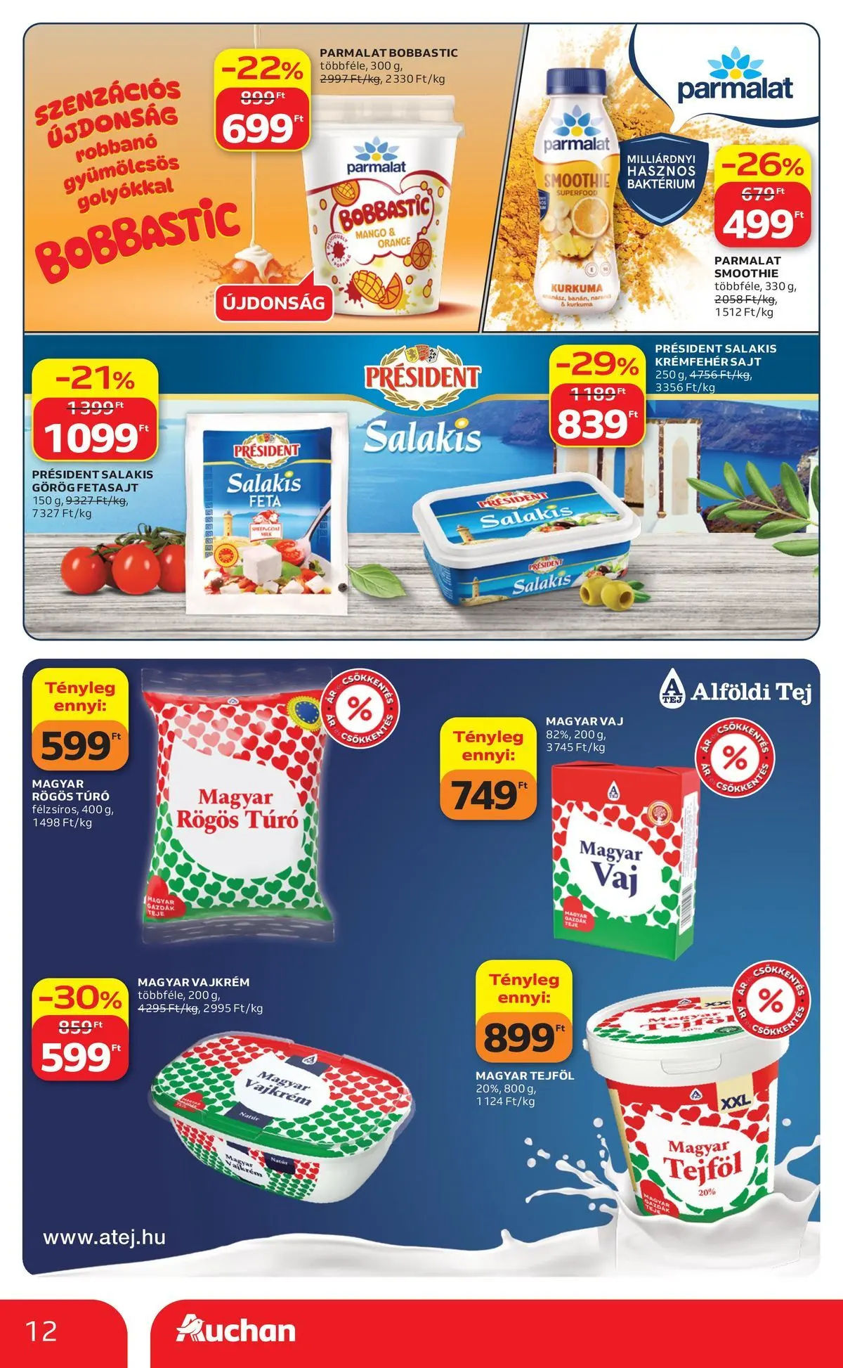 Auchan akciós újság Miskolc - 2026.07.09. -tól/töl > akció, lapozható szórólap 🛍️ | Oldal: 12 | Termékek: Vaj, Túró, Vajkrém, Mangó