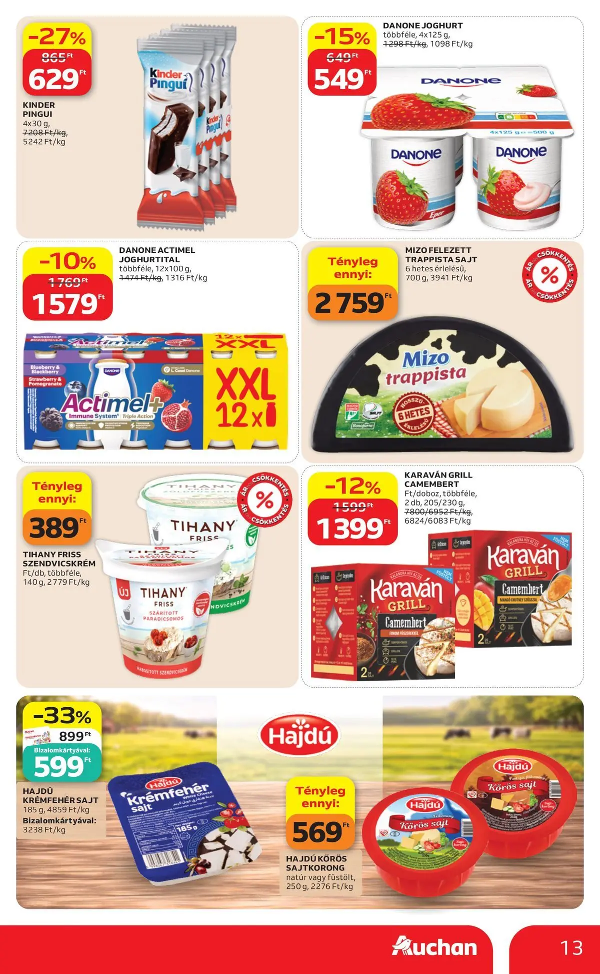Auchan akciós újság Miskolc - 2026.07.09. -tól/töl > akció, lapozható szórólap 🛍️ | Oldal: 13 | Termékek: Actimel, Tihany, Sajt, Trappista sajt