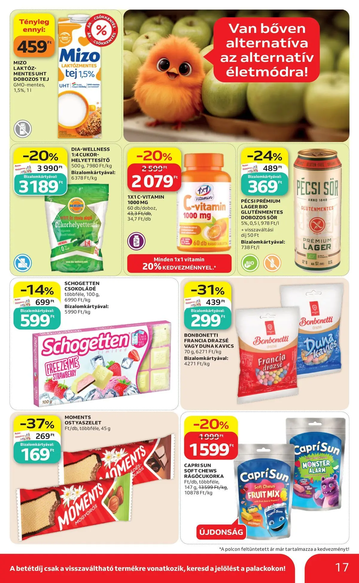 Auchan akciós újság Miskolc - 2026.07.09. -tól/töl > akció, lapozható szórólap 🛍️ | Oldal: 17 | Termékek: Kiseli krastavci, Drazsé, Gluténmentes, Cukor