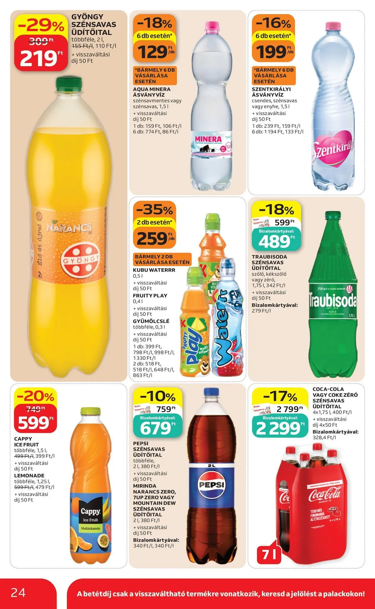 Auchan akciós újság Miskolc - 2026.07.09. -tól/töl > akció, lapozható szórólap 🛍️ | Oldal: 24 | Termékek: Gyümölcslé, Pepsi, Cola, Ásványvíz