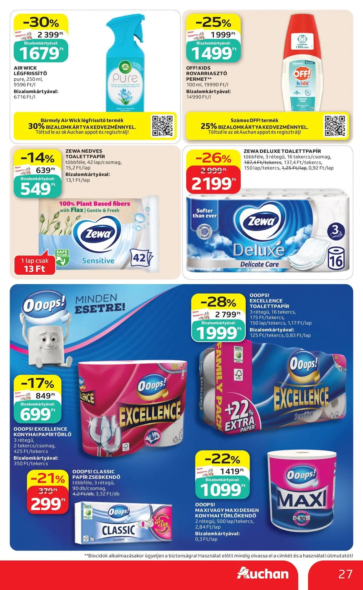Auchan akciós újság Miskolc - 2026.07.09. -tól/töl > akció, lapozható szórólap 🛍️ | Oldal: 27 | Termékek: Papírtörlő, Törlőkendő, Papírzsebkendő, Légfrissítő