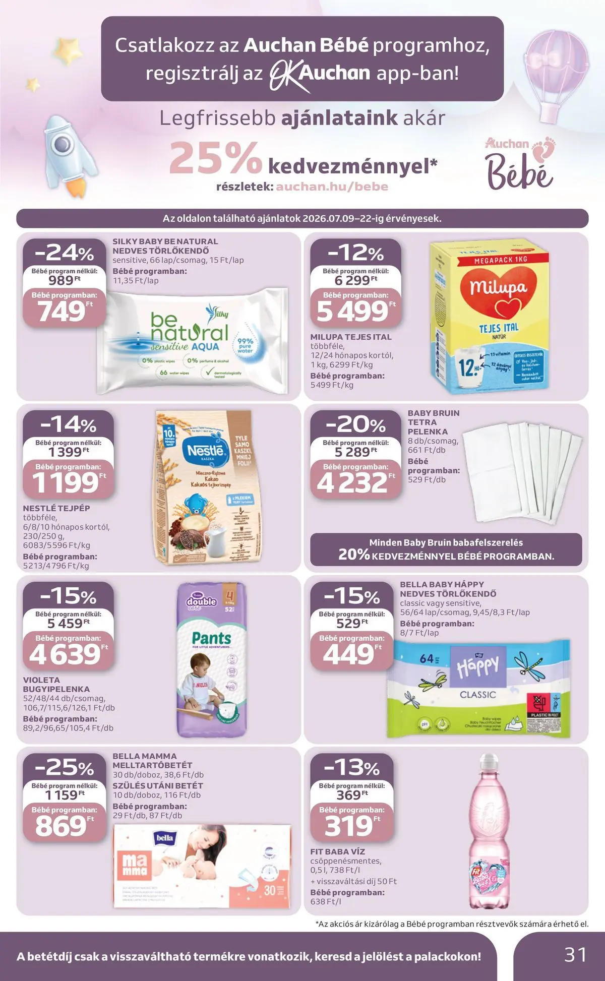 Auchan akciós újság Miskolc - 2026.07.09. -tól/töl > akció, lapozható szórólap 🛍️ | Oldal: 31 | Termékek: Törlőkendő, Pelenka, Nedves törlőkendő