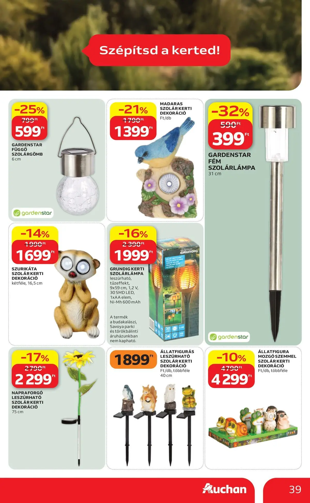 Auchan akciós újság Miskolc - 2026.07.09. -tól/töl > akció, lapozható szórólap 🛍️ | Oldal: 39 | Termékek: Szolárlámpa, Dekoráció