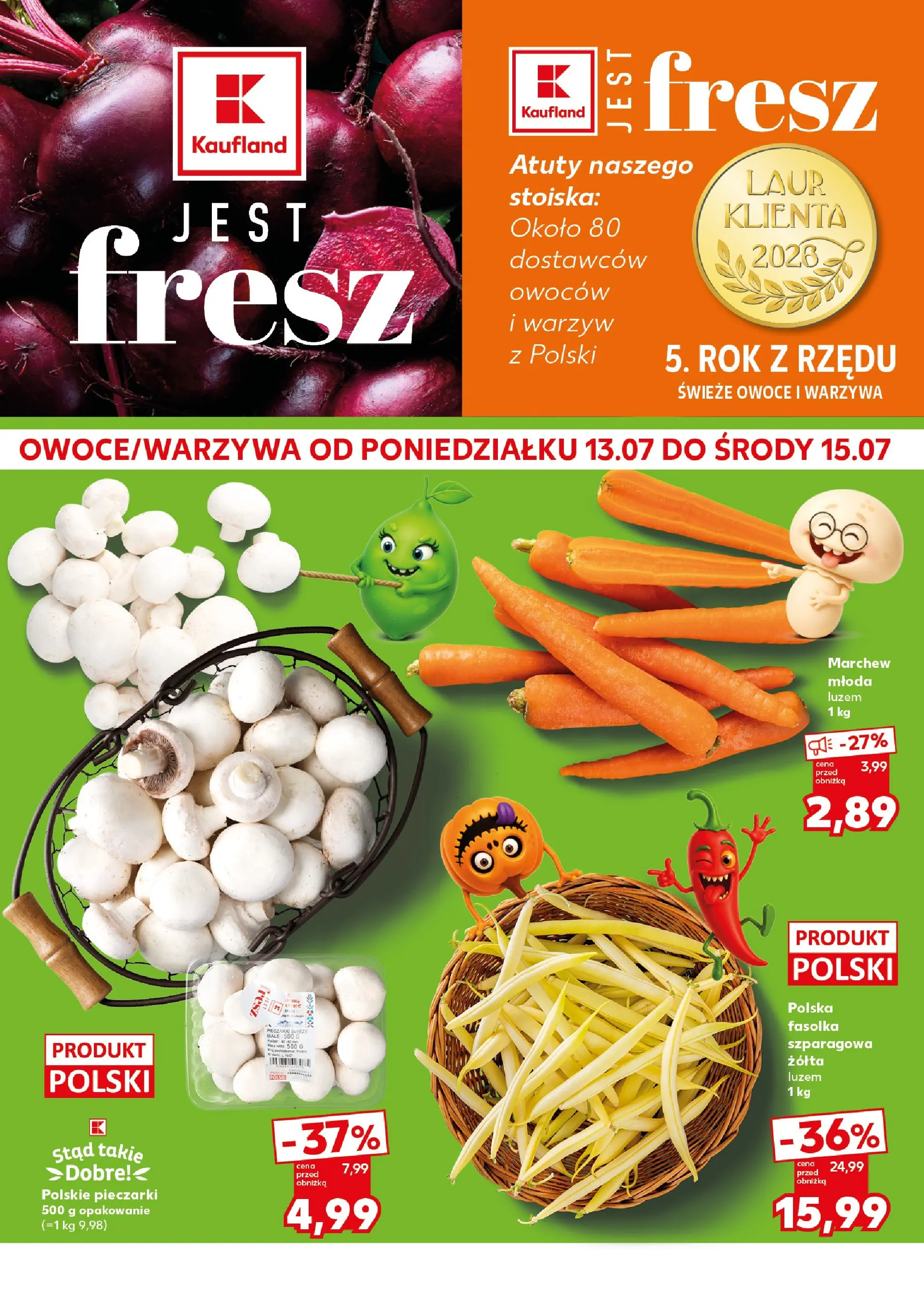 Kaufland gazetka - Mocny start od 13.07.2026 - od jutra PDF | Strona: 2 | Produkty: Pieczarki, Fasolka szparagowa, Warzywa, Owoce