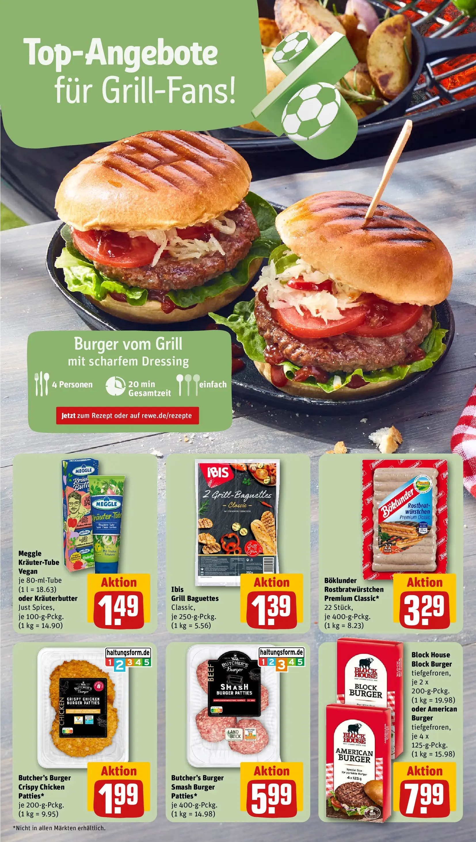 REWE Prospekt ab 13.07.2026 zum Blättern » Angebote | Seite: 4 | Produkte: Grill, Dressing, Burger, Kräuterbutter