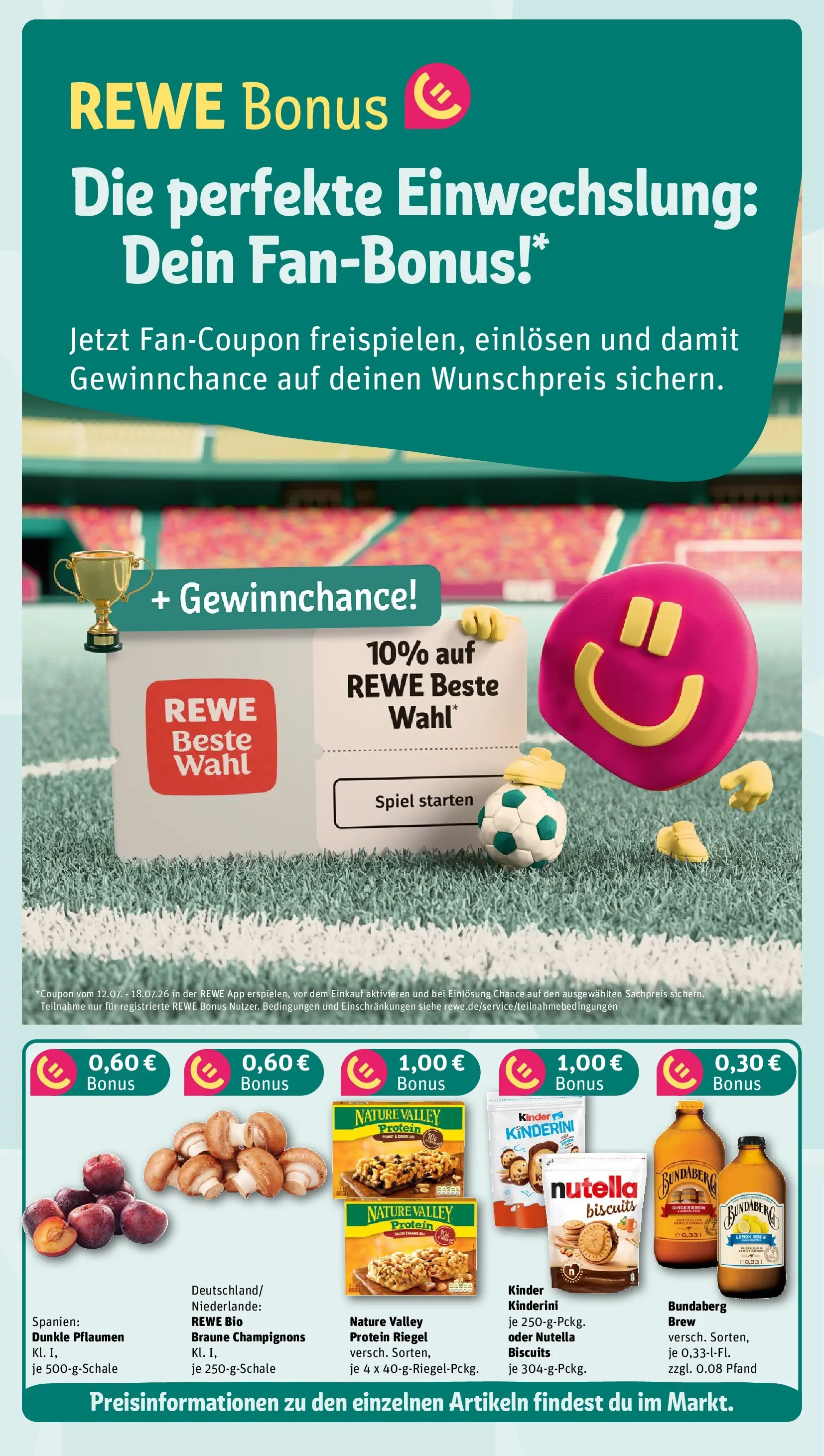 REWE Prospekt ab 12.07.2026 zum Blättern » Angebote | Seite: 3 | Produkte: Spiel, Pflaumen, Nutella, Champignons