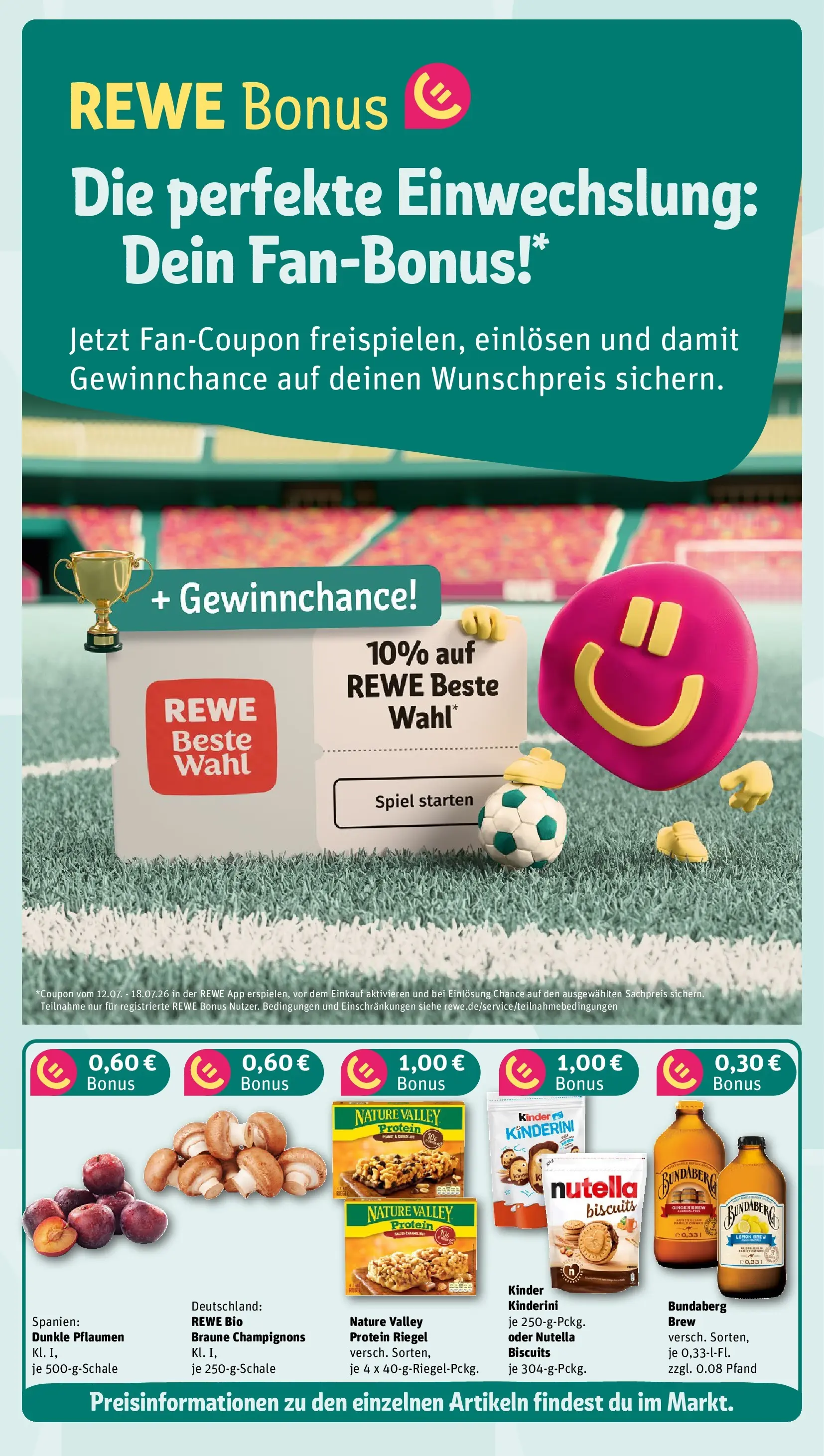 REWE Prospekt ab 12.07.2026 zum Blättern » Angebote | Seite: 3 | Produkte: Spiel, Pflaumen, Nutella, Champignons