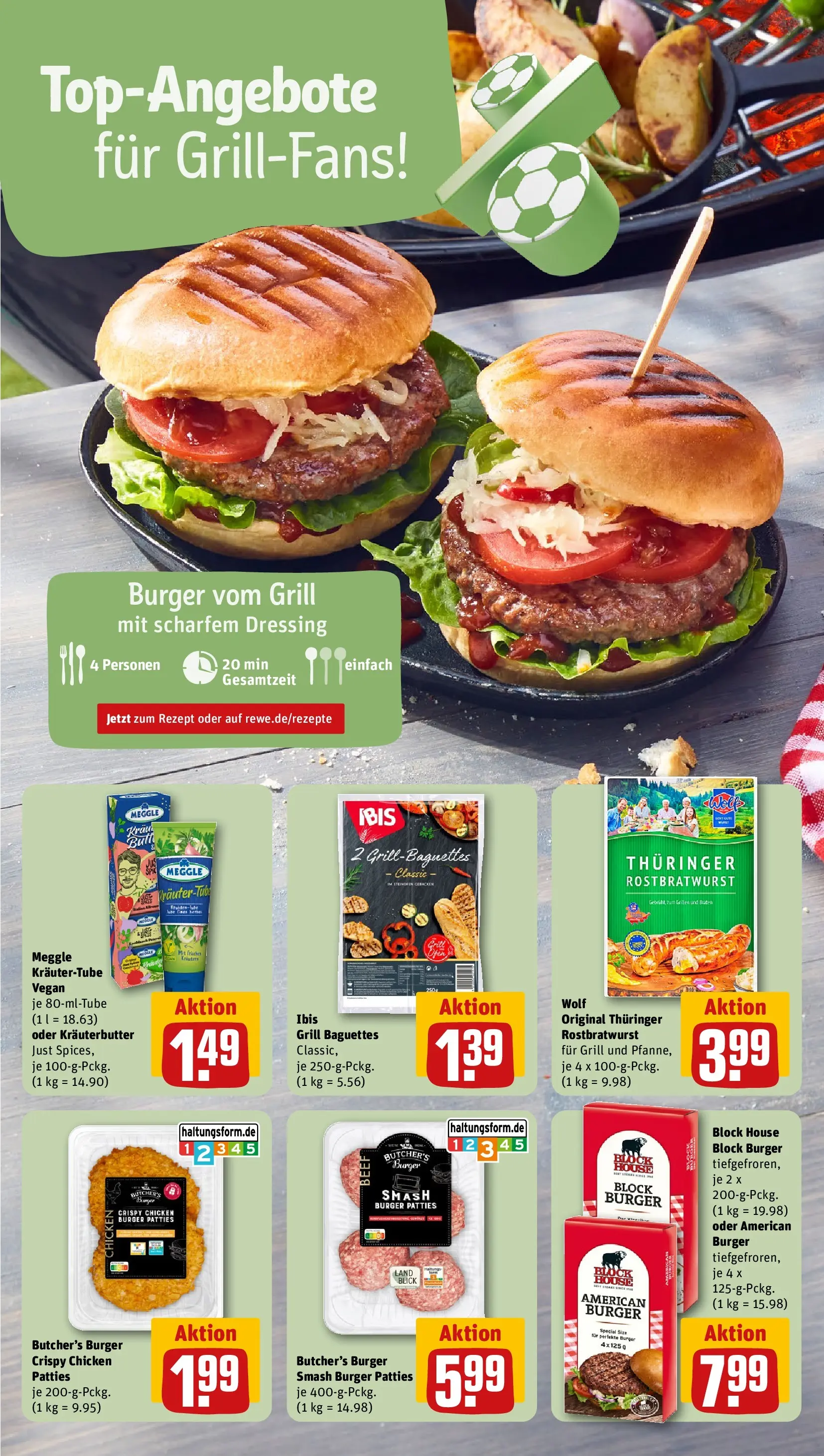 REWE Prospekt ab 13.07.2026 zum Blättern » Angebote | Seite: 4 | Produkte: Grill, Dressing, Burger, Kräuterbutter