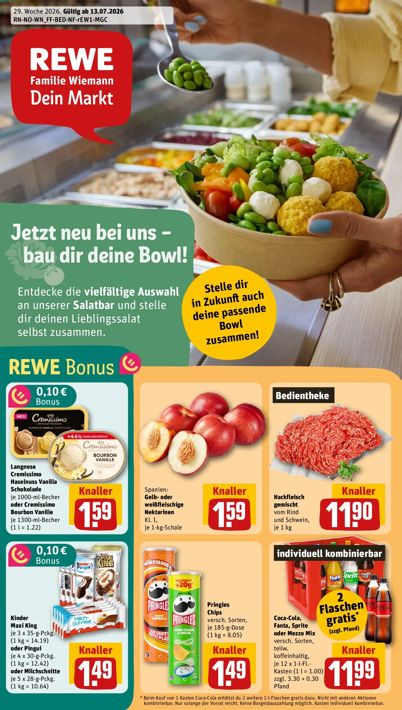 REWE Prospekt ab 13.07.2026 zum Blättern » Angebote | Seite: 1 | Produkte: Fanta, Sprite, Schokolade, Hackfleisch