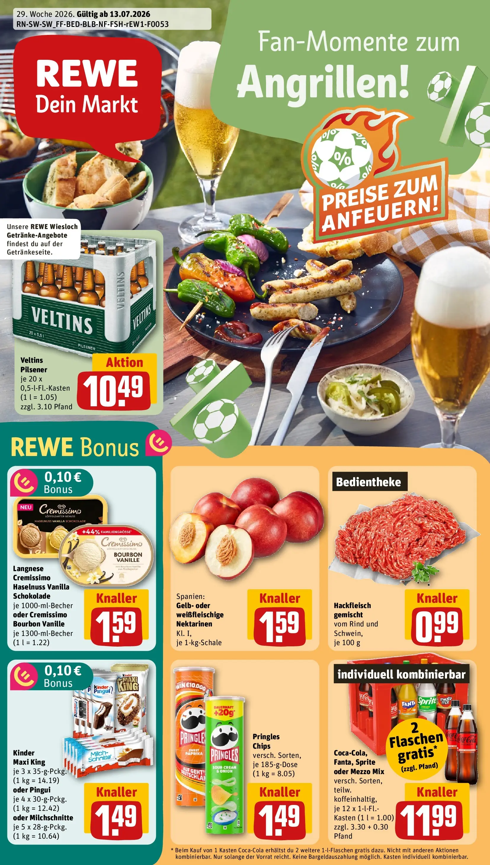 REWE Prospekt ab 13.07.2026 zum Blättern » Angebote | Seite: 1 | Produkte: Langnese, Cremissimo, Fanta, Veltins