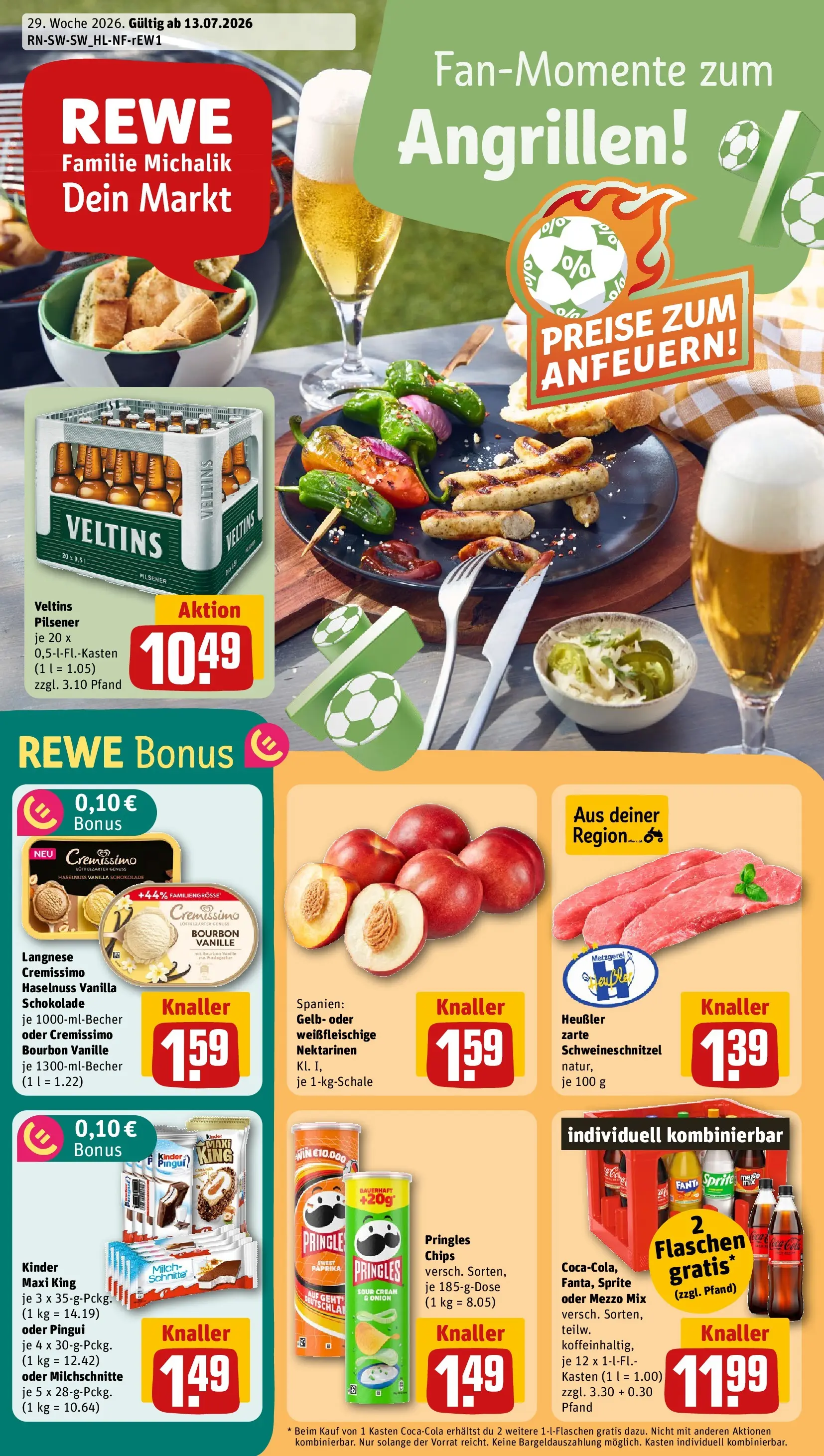 REWE Prospekt ab 13.07.2026 zum Blättern » Angebote | Seite: 1 | Produkte: Milch, Pringles, Chips, Veltins
