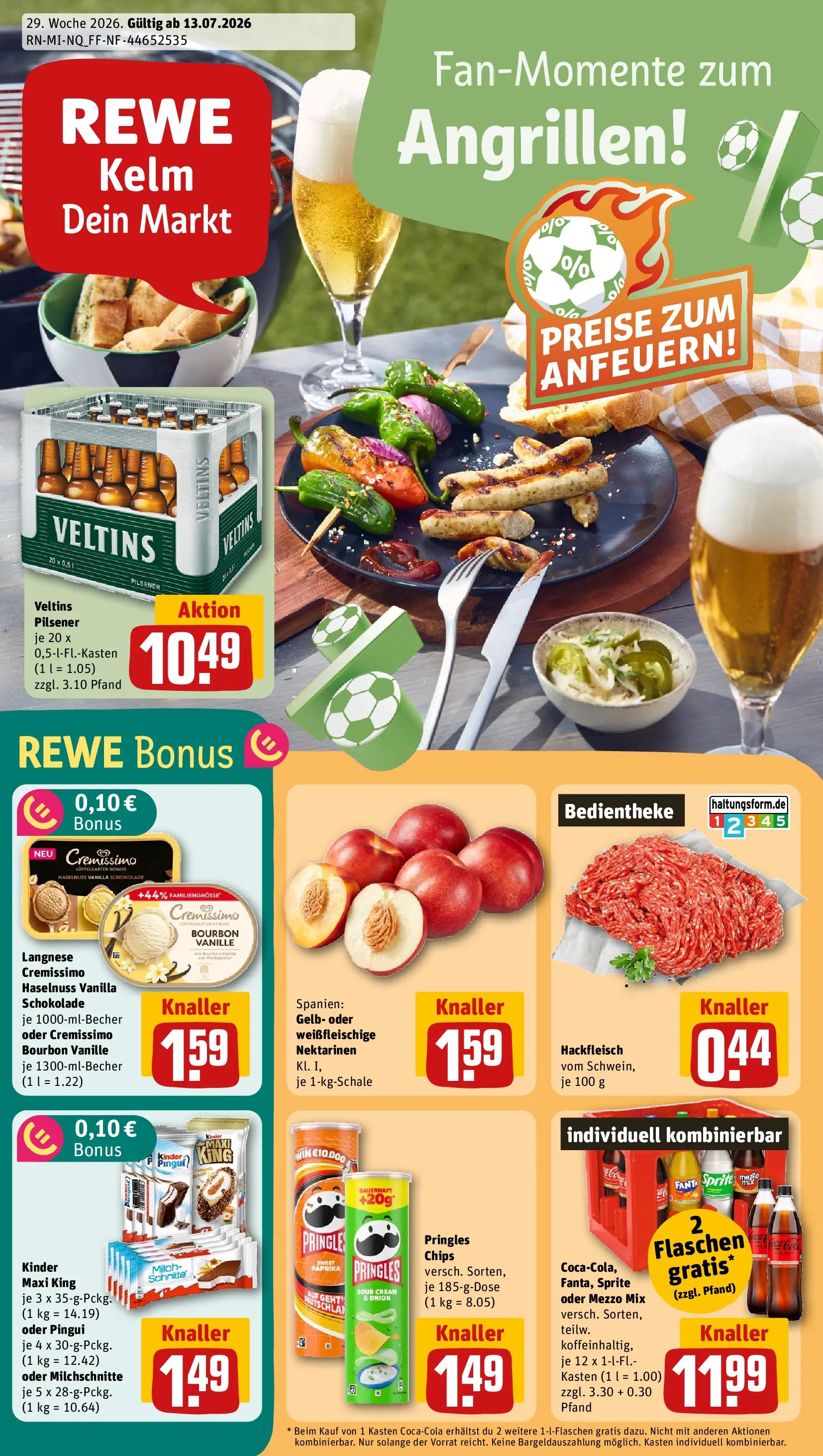 REWE Prospekt ab 13.07.2026 zum Blättern » Angebote | Seite: 1 | Produkte: Langnese, Pringles, Chips, Veltins