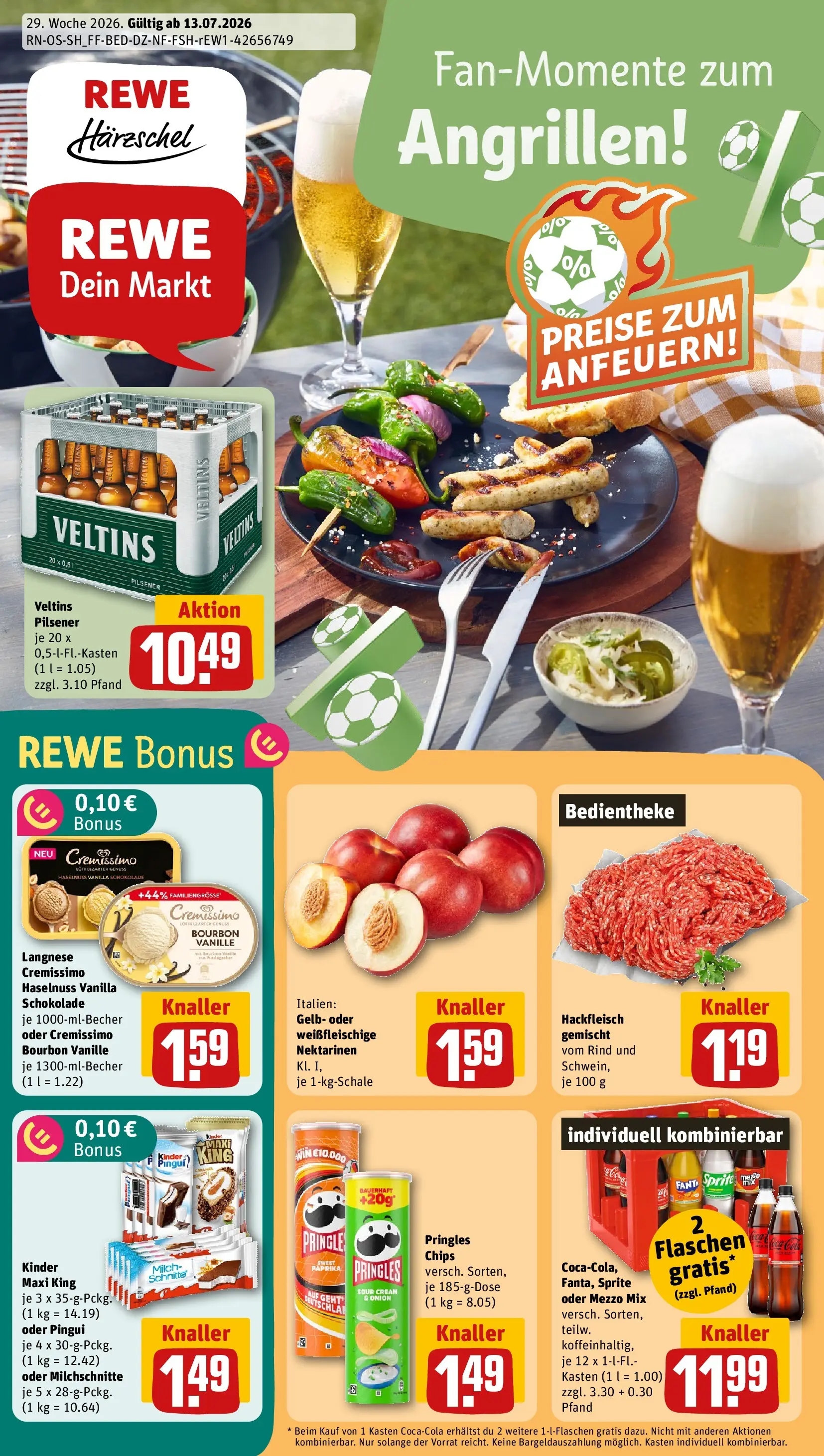 REWE Prospekt ab 13.07.2026 zum Blättern » Angebote | Seite: 1 | Produkte: Langnese cremissimo, Mezzo mix, Nektarinen, Veltins